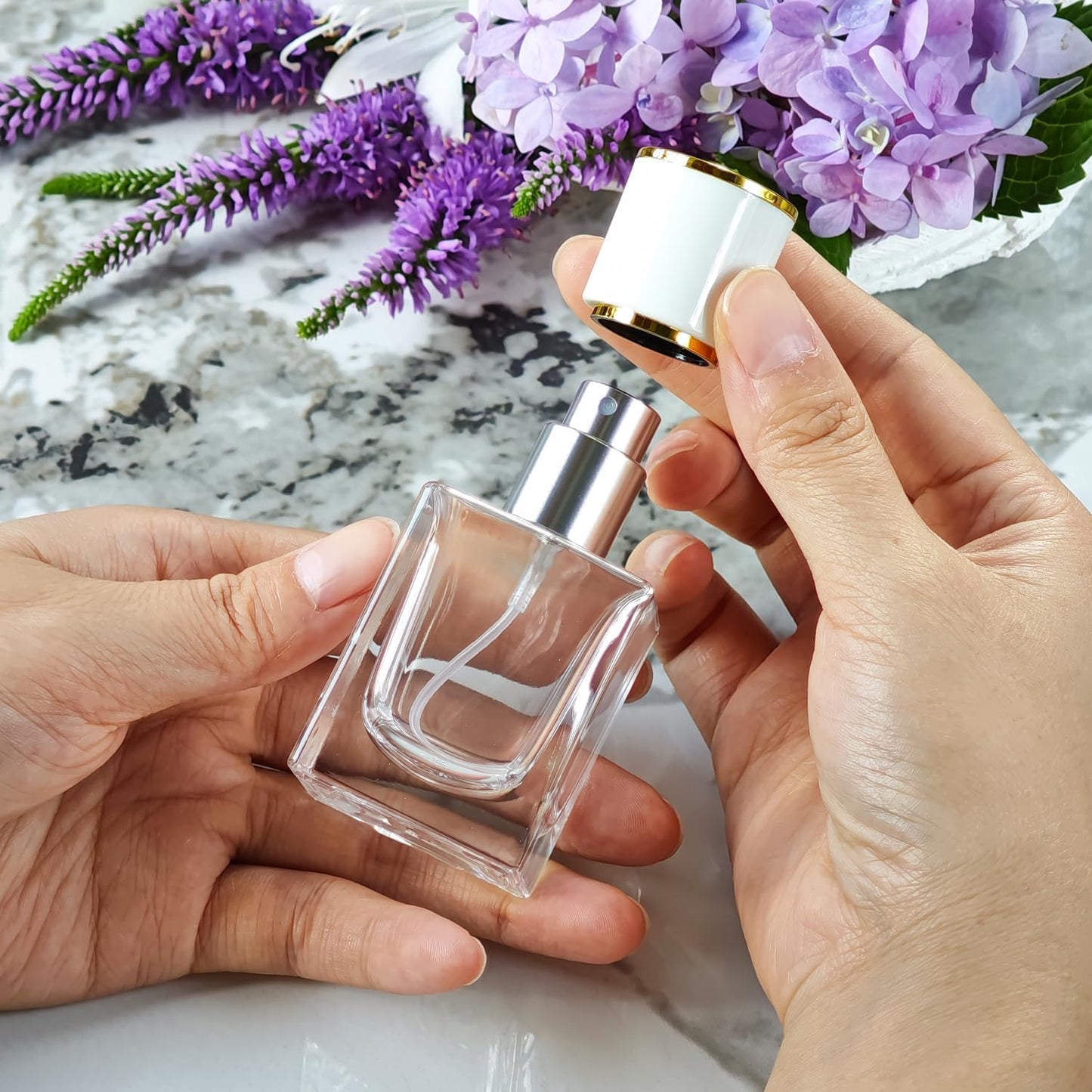 2 Pack 30ml/1 Oz Glass Spray Bottle Perfume Atomizer,Empty Travel Refillable Perfume Spray Bottle with 3 Kinds of Dispenser (White Cap, 30ml)