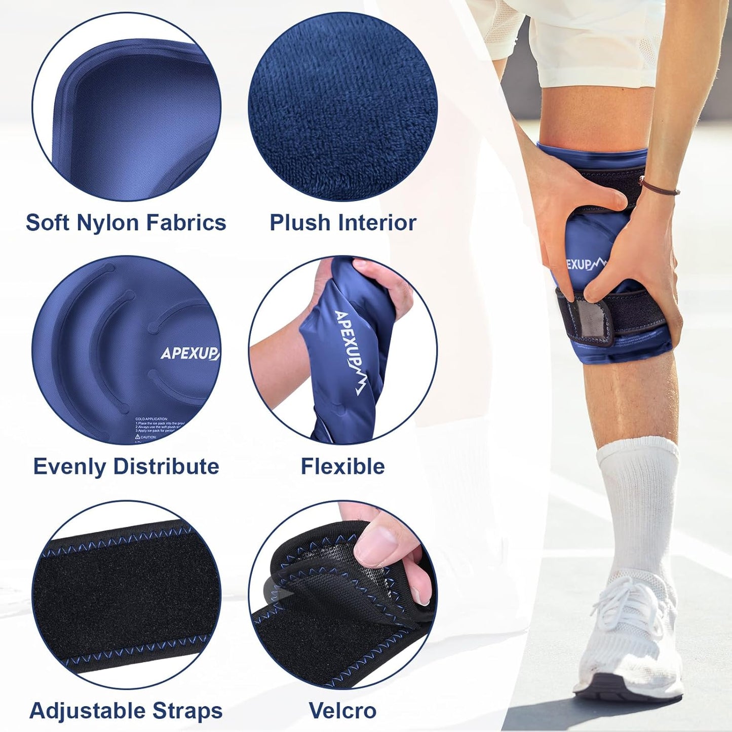 APEXUP Ice Pack for Knee Pain Relief, Large Reusable Wrap After Surgery, Flexible Gel Cold Pack for Injuries, Pain Relief for Back, Shoulder, Elbow, Ankle and Leg (Navy Blue, XXL, 2PK)