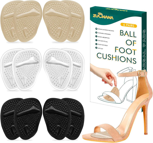 Metatarsal Pads Ball of Foot Cushions (6 Pairs), Non Slip High Heel Cushion Inserts Women, One Size Fits All Shoe Inserts for Women and Men, Reusable Foot Pads All Day Pain Relief and Comfort