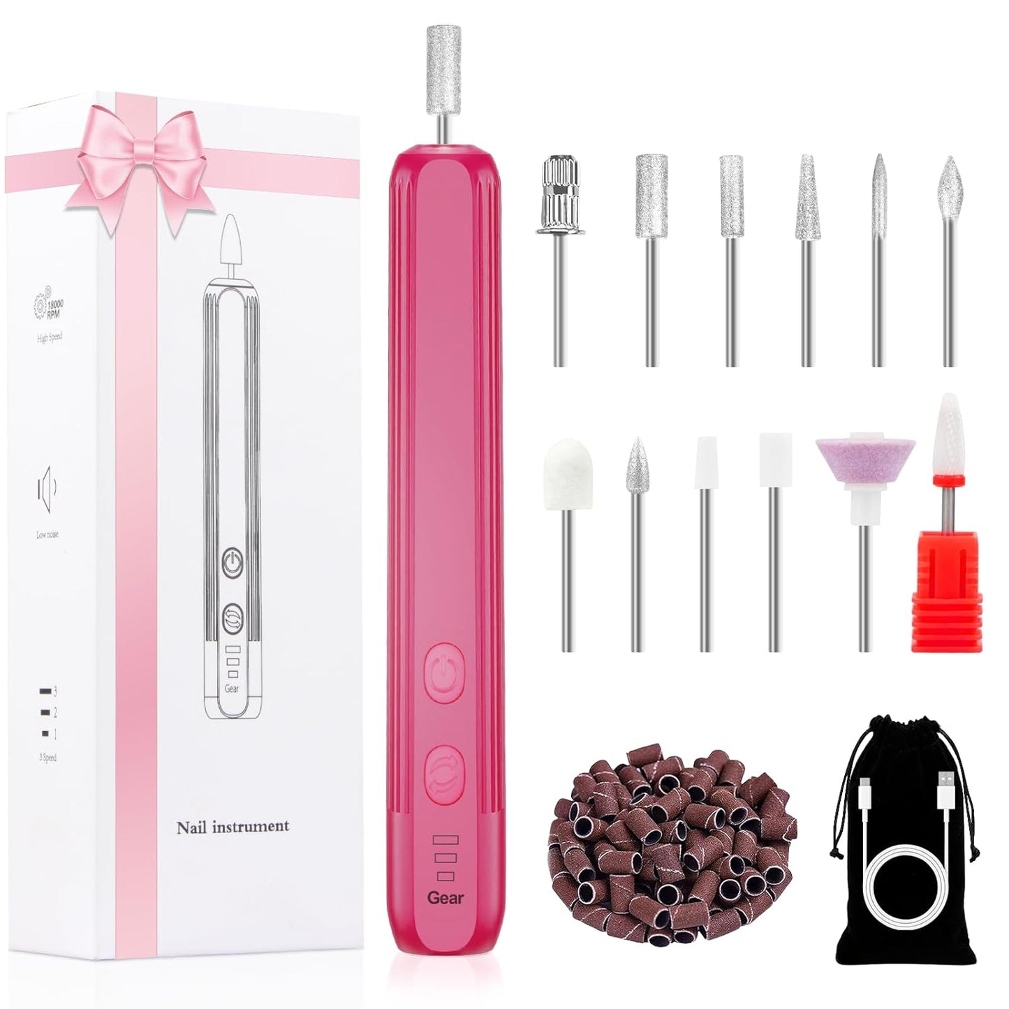 Professional Manicure Pedicure Kit -360° Light, Rechargeable Electric Nail Drill, Cordless Electric Nail File Set, 3 Speeds Hand Foot Care Nail Drill for Thick Nail Toenail Cuticle,Red