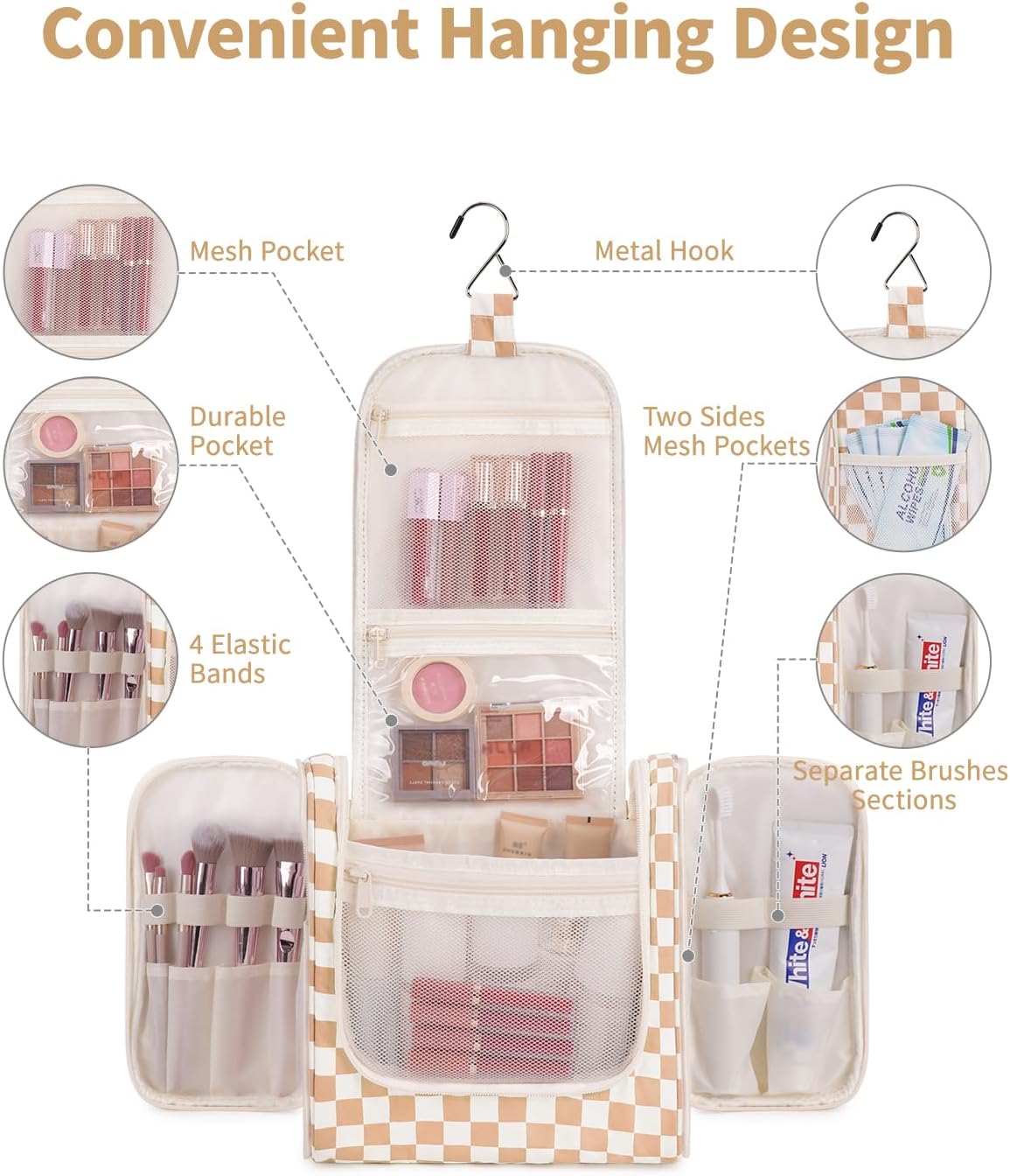 Narwey Checked Hanging Travel Toiletry Bag for Women, Travel Bag for Toiletries, Makeup Bag Organizer Cosmetic Bags Make Up Bags for Women (Light Checkerboard)