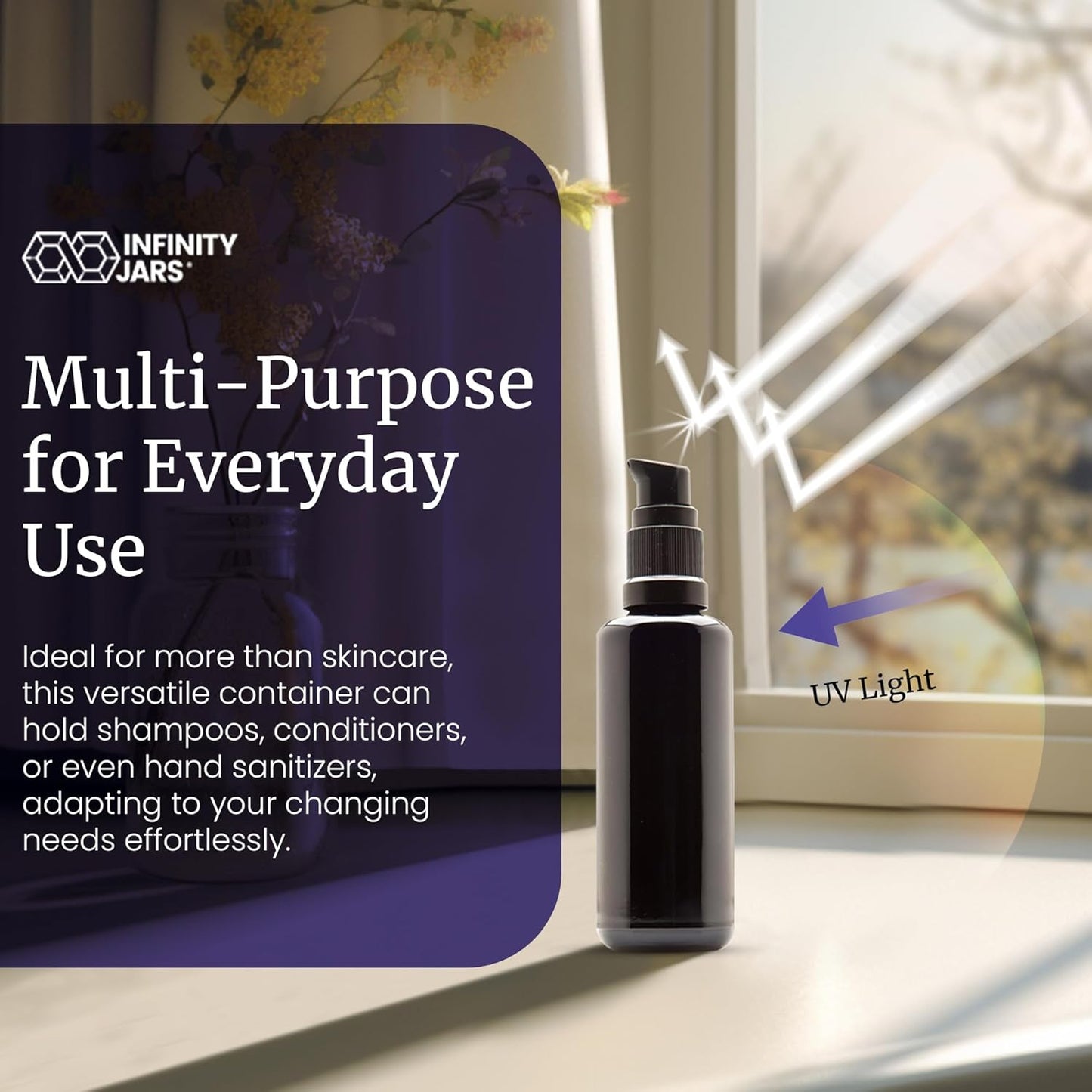 Infinity Jars 50 Ml (1.7 fl oz) Refillable Ultraviolet Black Glass Pump Bottles Leak-Proof Travel Containers for Toner, Sanitizer, Beard Oil, Hair Serum, Essential Oils 10-Pack