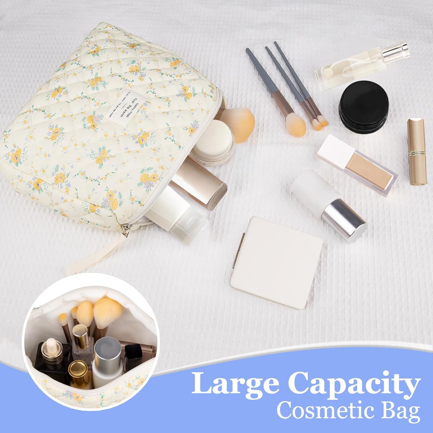 Floral Makeup Bag, Small Cosmetic Bag for Women Girls, Cute Cotton Makeup Bag, Quilted Makeup Bags, Flower Travel Toiletry Organizer Bag(Yellow Flowers)