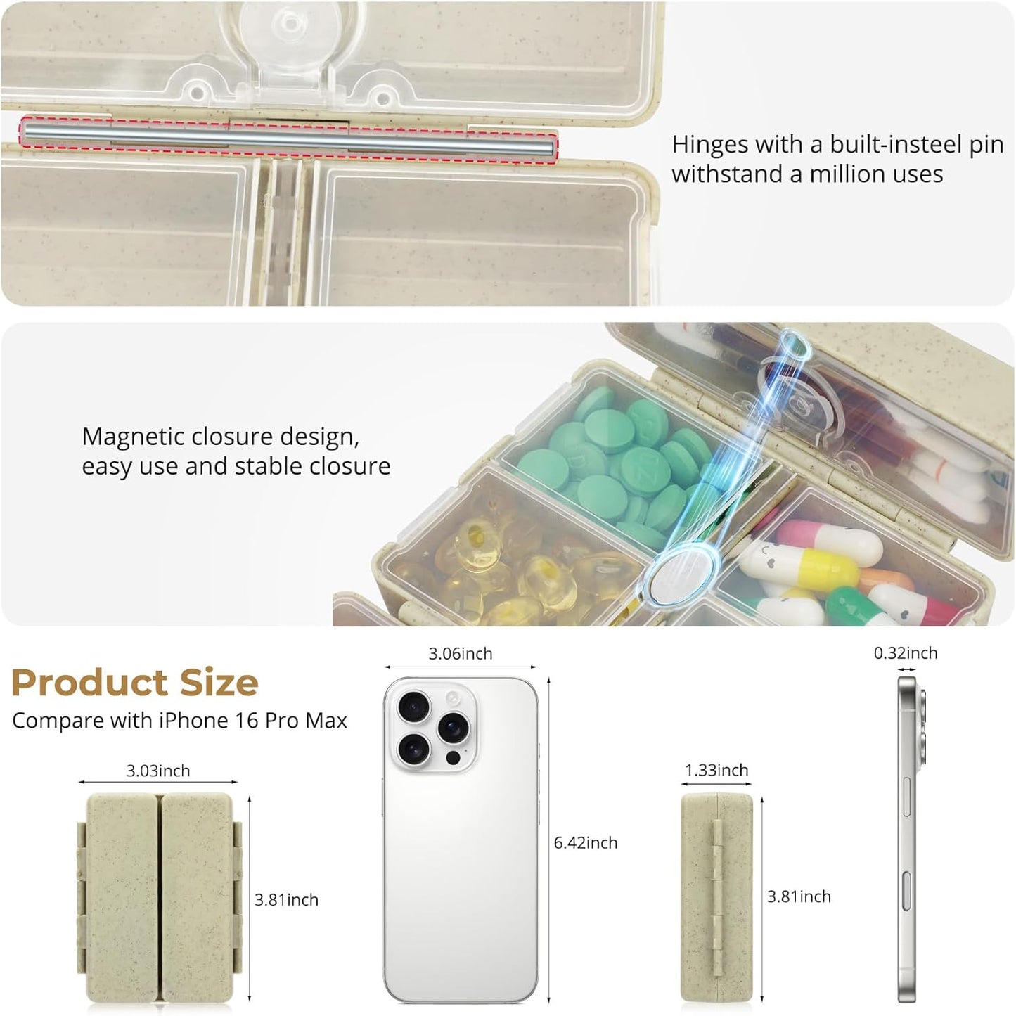 Zentiky Small Daily Pill Organizer with Labels, Medicine Pill Organizer Fit with Your Purse or Pocket for Travel to Hold Vitamin, Fish Oil, Supplement,Cotton Swabs, Bandages or Jewelry-Khaki