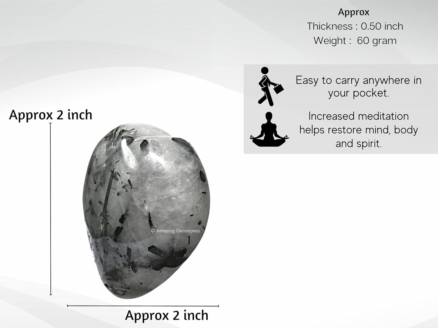 Amazing Gemstone Black Rutilated Quartz Crystal Heart Palm Stone - Pocket Massage Worry Stone for Natural Body Chakra Balancing, Reiki Healing and Crystal Grid