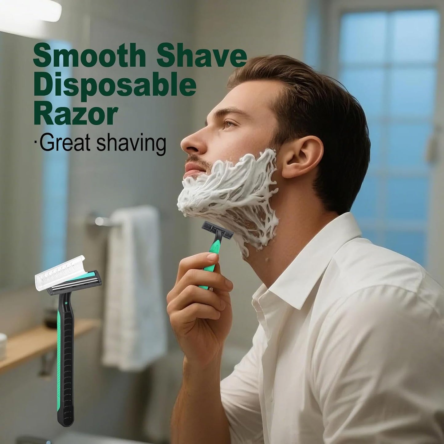 Disposable Twin Blade Razors in Bulk, Individually Wrapped - Clear Safety Cap, For Homeless, Hotel, Airbnb, Travel (pack of 50,green)