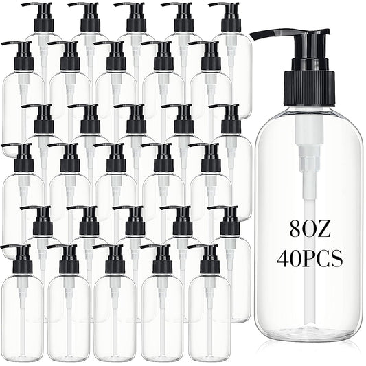 Norme 40 Pieces Empty Pump Bottle 8 oz Clear Refillable Plastic Bottles with Pump Dispenser Travel Lotion Container for Shampoo Hand Body Soap Oil Massage Moisturizer Face Cream Liquid