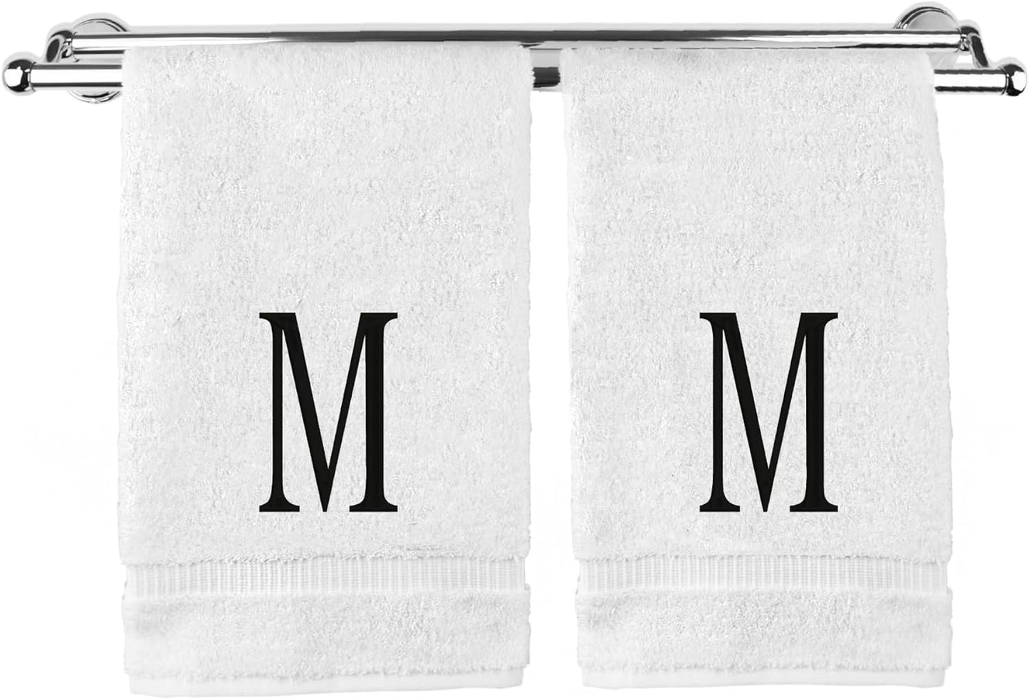 Monogrammed Hand Towel, Personalized Initial Gift, Extra Absorbent 100% Turkish Cotton - Soft Terry Finish - Set of 2 - Black Block Initial M - Embroidered on White Towels