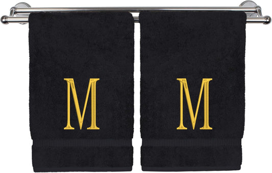 Monogrammed Hand Towel, Personalized Initial Gift, Extra Absorbent 100% Turkish Cotton - Soft Terry Finish - Set of 2 - Gold Block Initial M - Embroidered on Black Towels