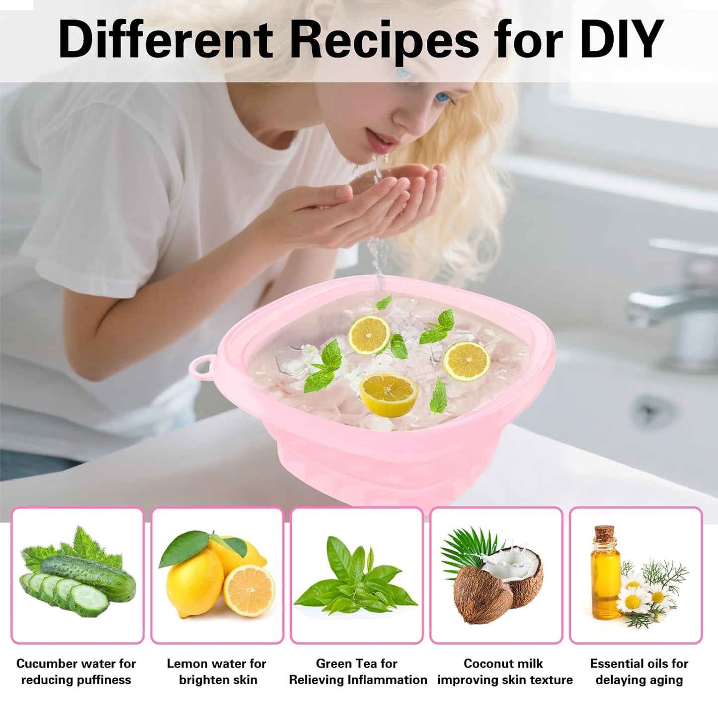 Face Bowl for Ice with Built-in IceTray,Collapsible Silicone Face Ice Bowl – Cold Plunge Therapy for Skin Tightening & Facial Treatment– Portable Spa Tool for Home & Travel（Pink) ﻿