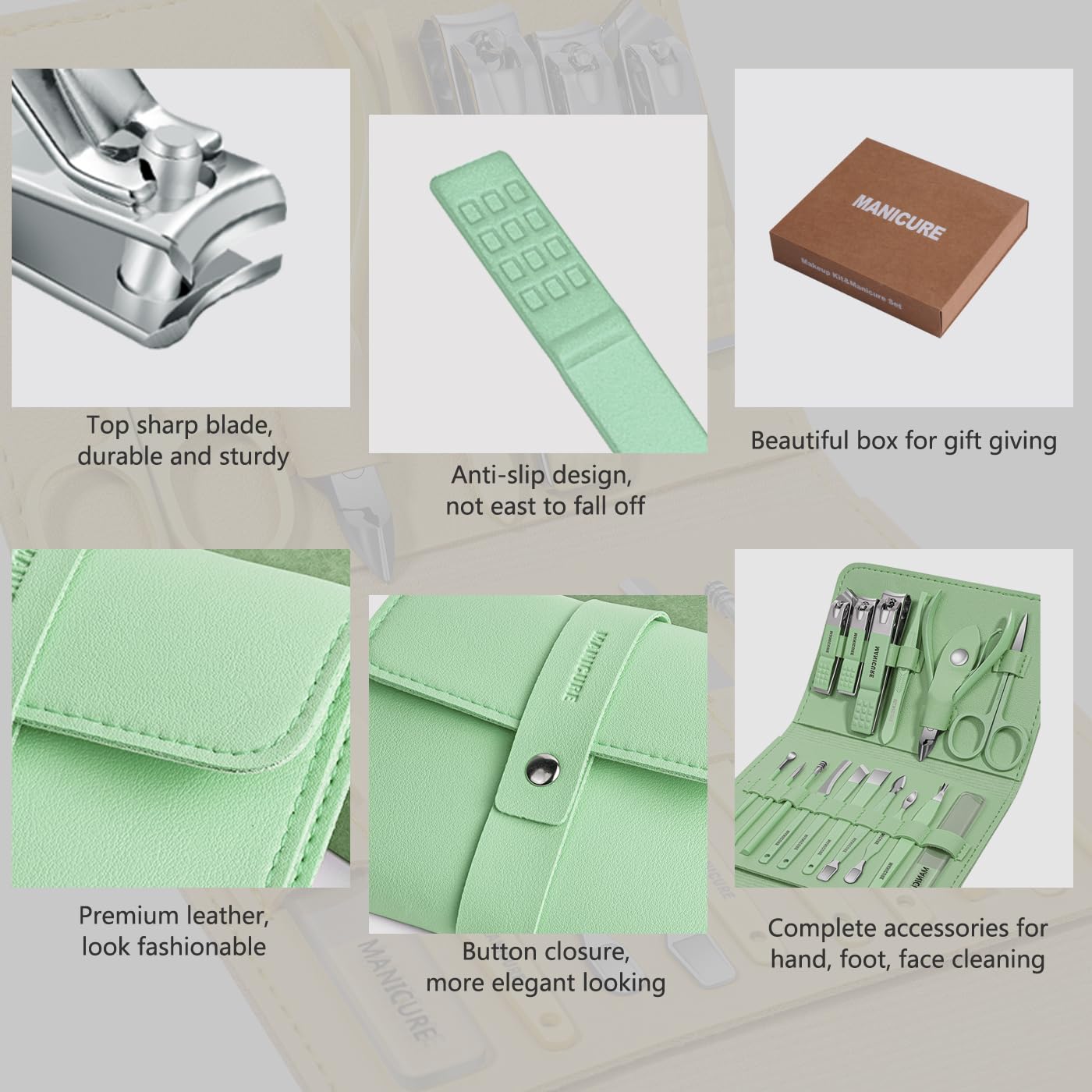 Manicure Set Professional Nail Clippers Pedicure Kit, 16 pcs Stainless Steel Nail Care Tools Grooming Kit with Luxurious Travel Leather Case for Thick Nails Men Women Gift (Green)