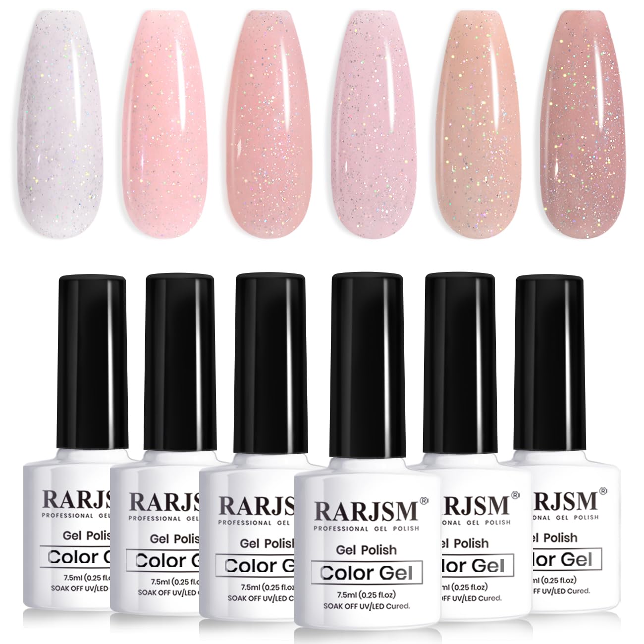 RARJSM Nude Glitter Gel Nail Polish 6pcs Set Sparkly Rainbow Shimmery Nail Gel Polish Iridescent Pigment Jelly Sheer Gray Pink Milky Peach Purple Translucent Natural Skin Tone Color 7.5ml Soak off
