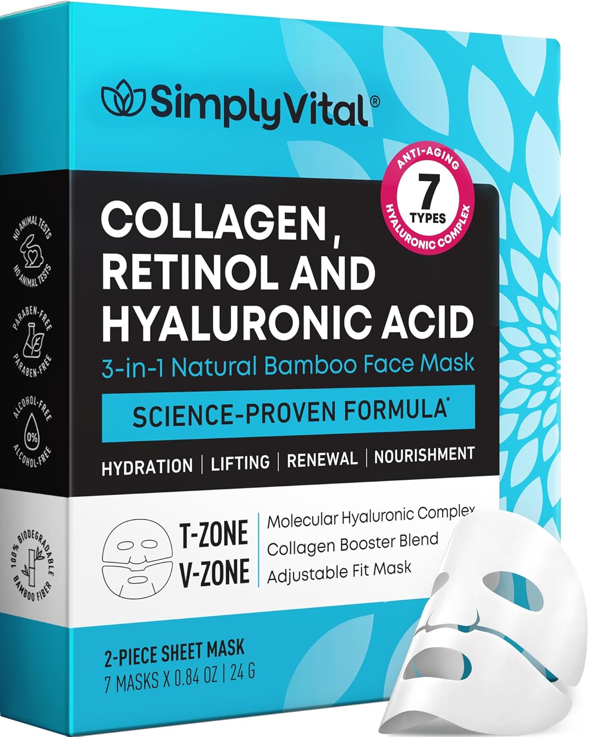 SimplyVital Collagen Facial Mask with Retinol & Hyaluronic Acid - Hydrating Face Masks Skincare - Visibly Firming and Lifting T Line & V Line Sheet Mask for Women - Mascarillas Para la Cara - 7 Pack