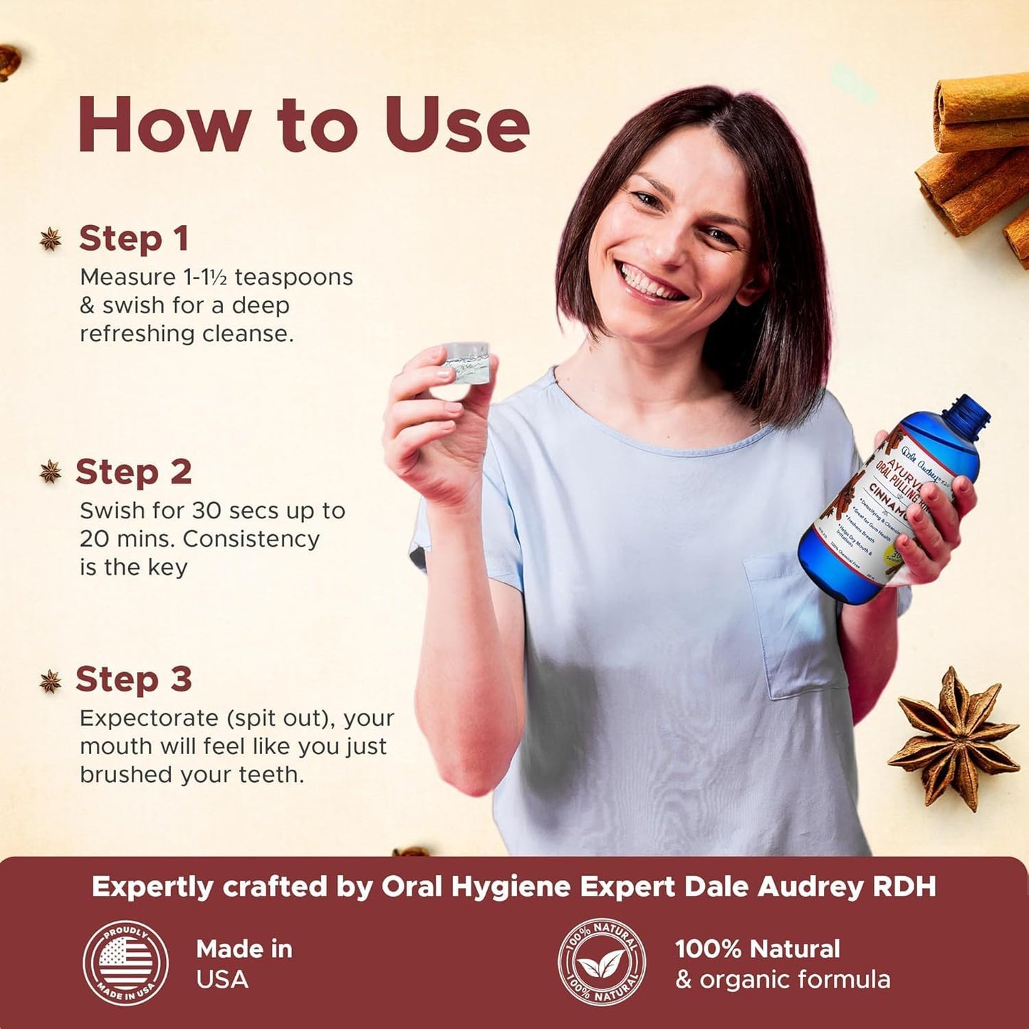 Pack of 3 Ayurvedic Organic Oil Pulling for Teeth & Gums | Natural Cinnamon Flavored Oral Rinse Mouthwash | Essential Oils for Healthy Gums & Bad Breath | Teeth Whitening & Fresh Breath-8 FL Oz