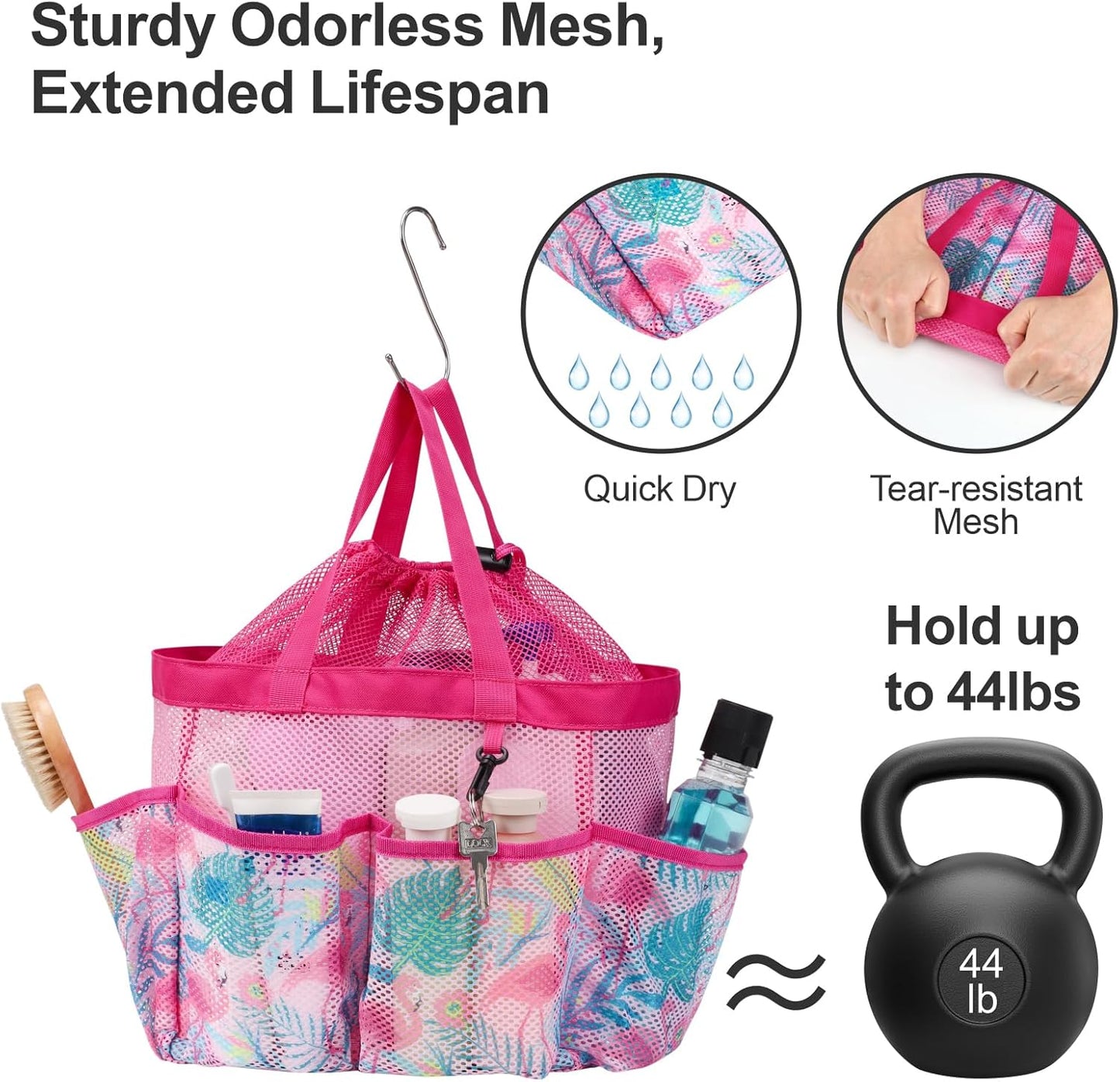 F-color Mesh Shower Caddy Portable with Drawstring - Upgrade Deeper 7 Pockets Dorm Room Essentials for Guys Girls with S Hook, Shower Bag Basket Tote for College Camping Bathroom, Pink Flamingo