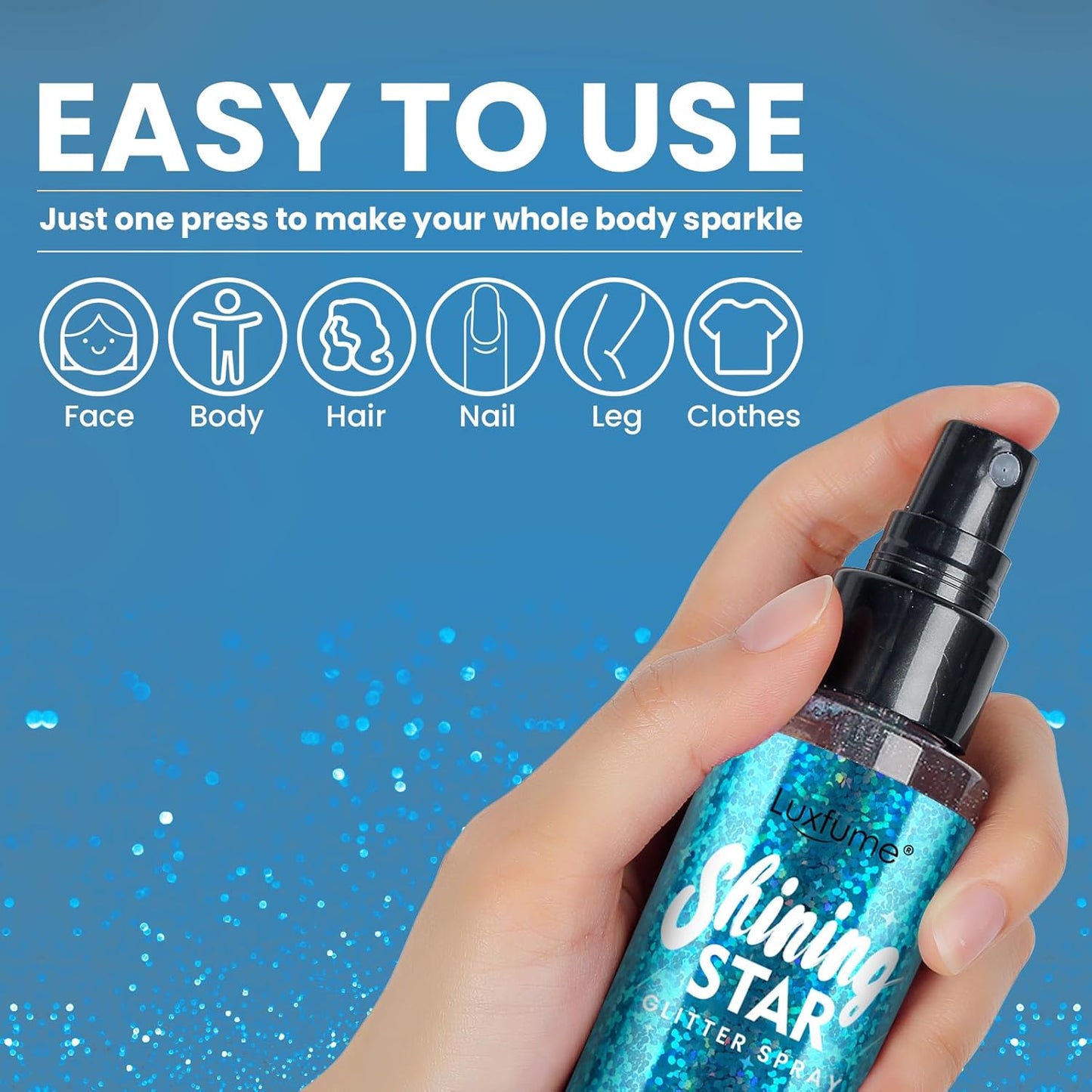 Body Glitter Spray & Glitter Hairspray - Ultra Shiny, Long - Lasting, Quick - Dry & Waterproof. Clog - Resistant Nozzle. Perfect for Parties, Dances and All Glamourous Occasions Bule