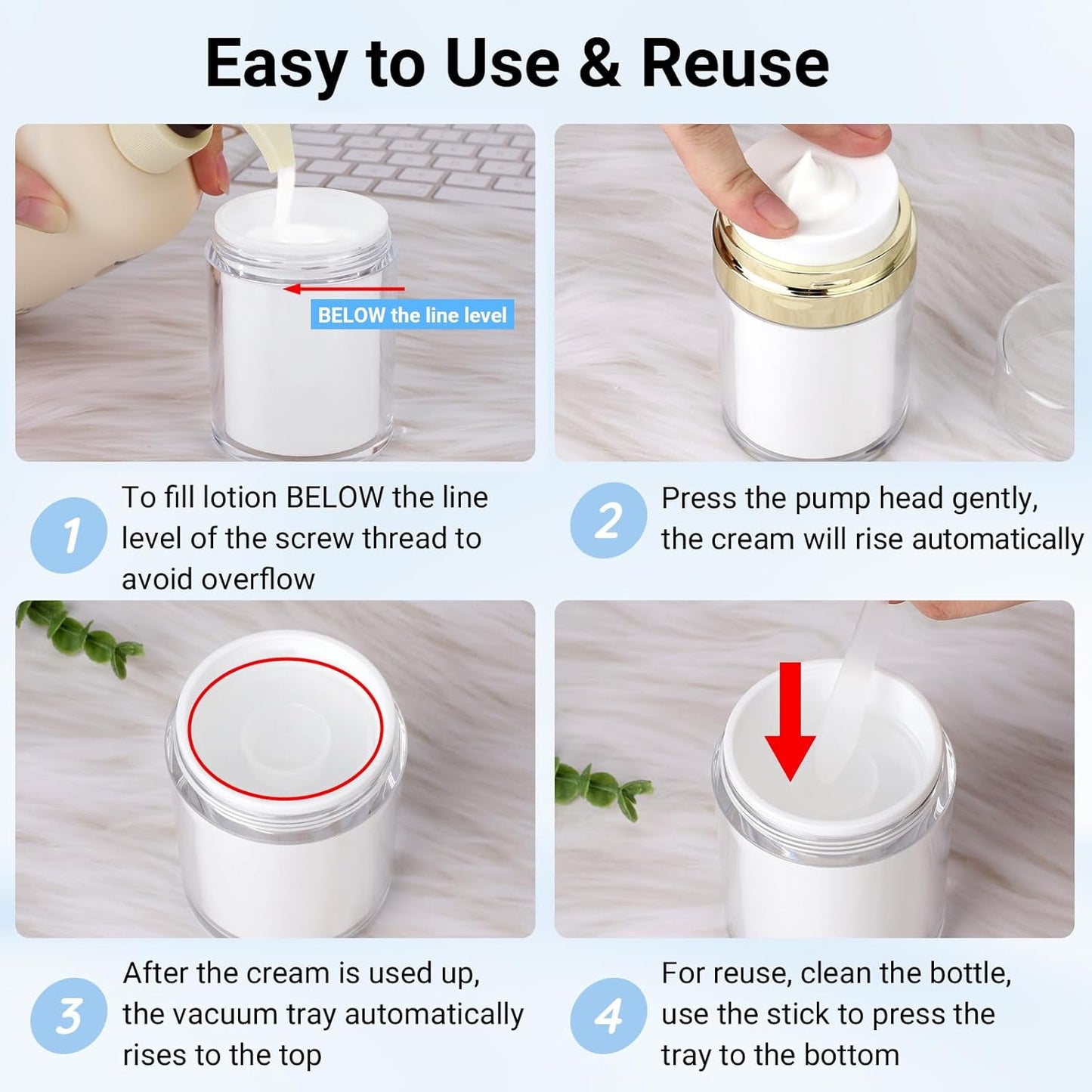 Segbeauty 3.38oz Airless Pump Jar, 4pcs 100ml Empty Makeup Containers Vacuum Bottle Dispenser, Refillable Travel Jars for Creams Moisturizer Container Travel Size for Lotion Moisturizer