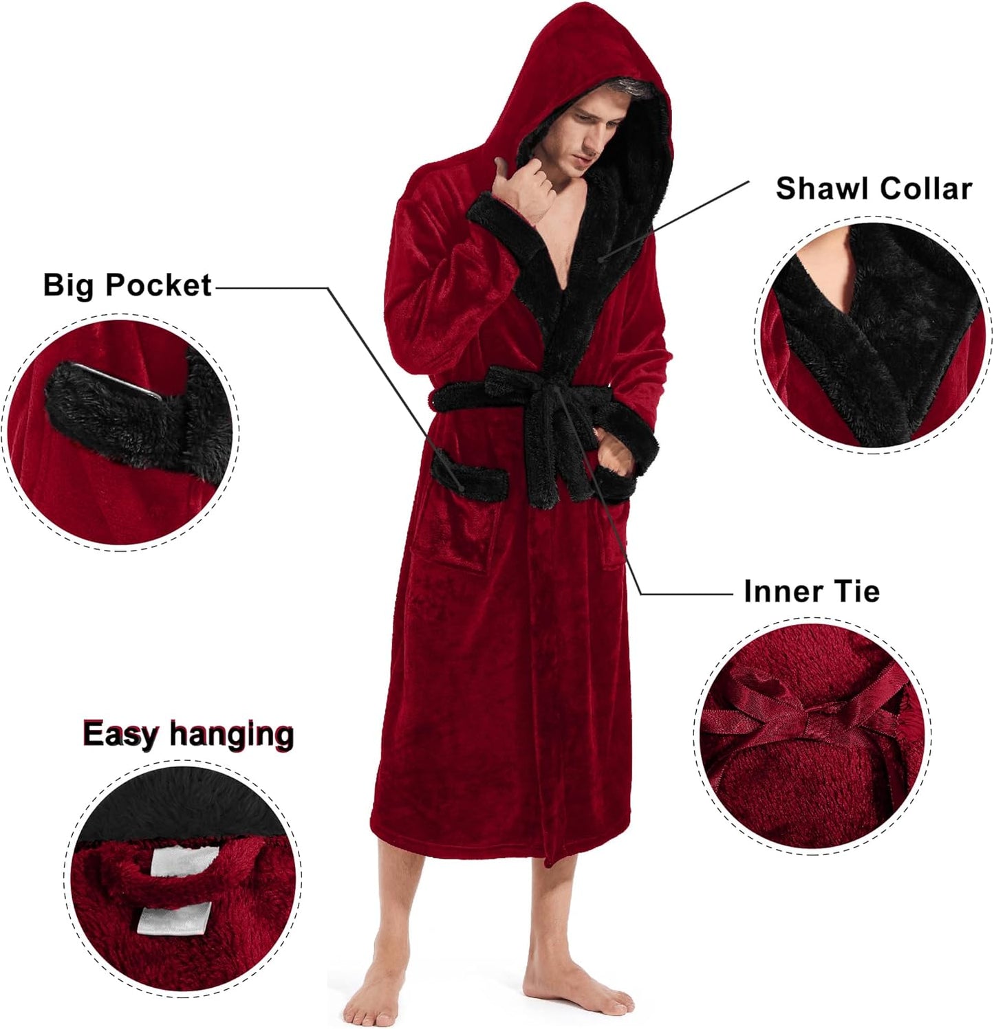 Inner Wish Mens Hooded Robe, Plush Long Bath robes Cozy Warm Bathrobe Fuzzy male Spa Robe With Pockets
