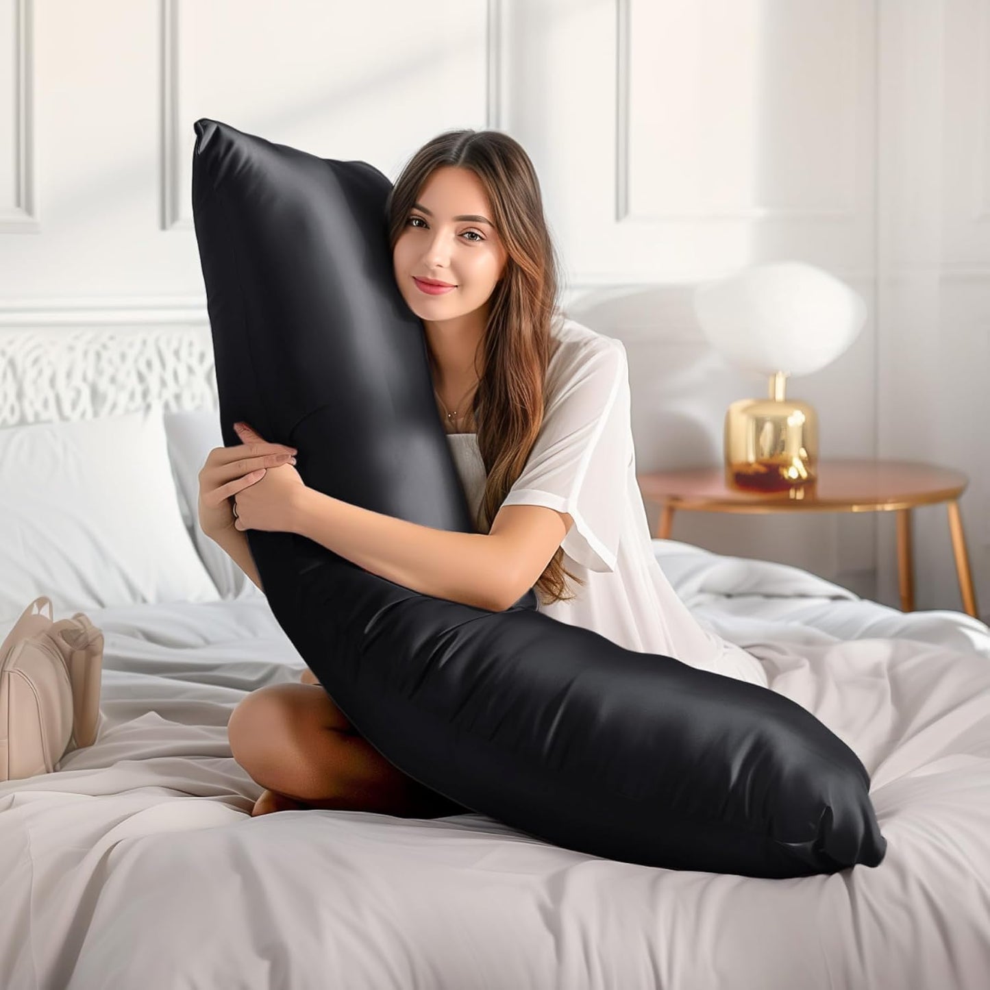 BEDELITE Satin Body Pillow Cover 2 Pack, Super Soft and Cooling Body Pillow Pillowcase for Hair and Skin, Breathable Silky Full Long Pillowcase Cover(20"x54", Black)