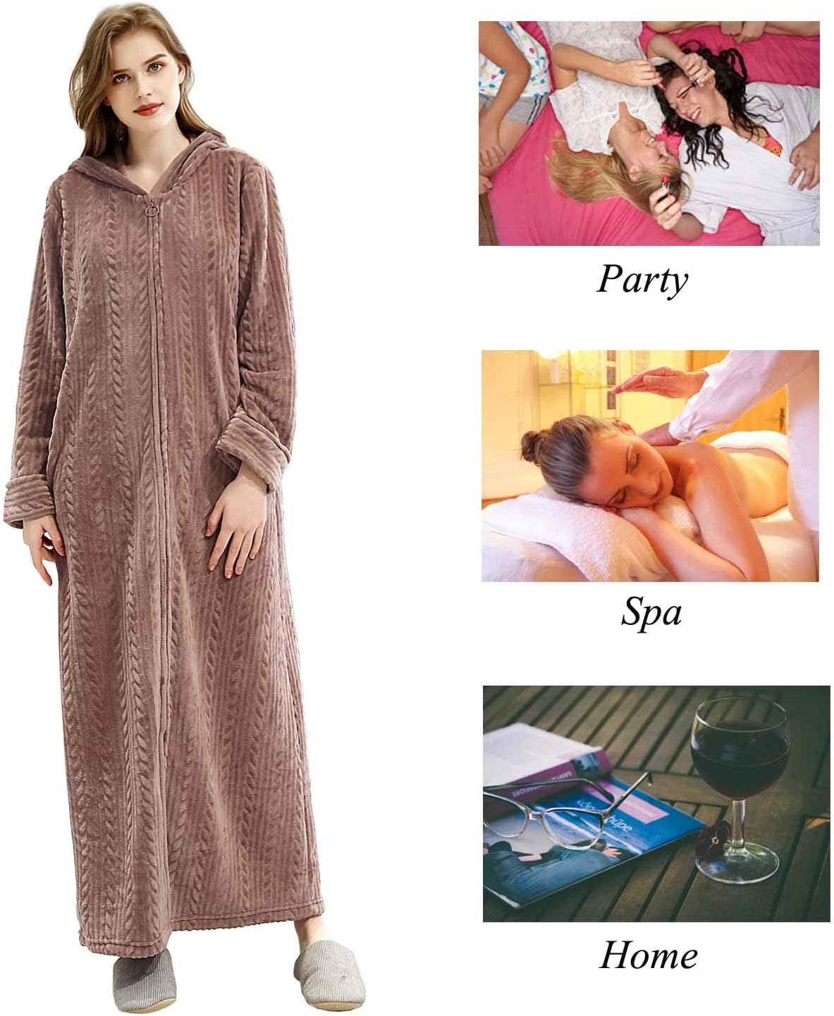 Hellomamma Long Hooded Zipper Bathrobe for Womens Flannel Fleece Robes Winter Warm Housecoat Nightgown Sleepwear Pajamas
