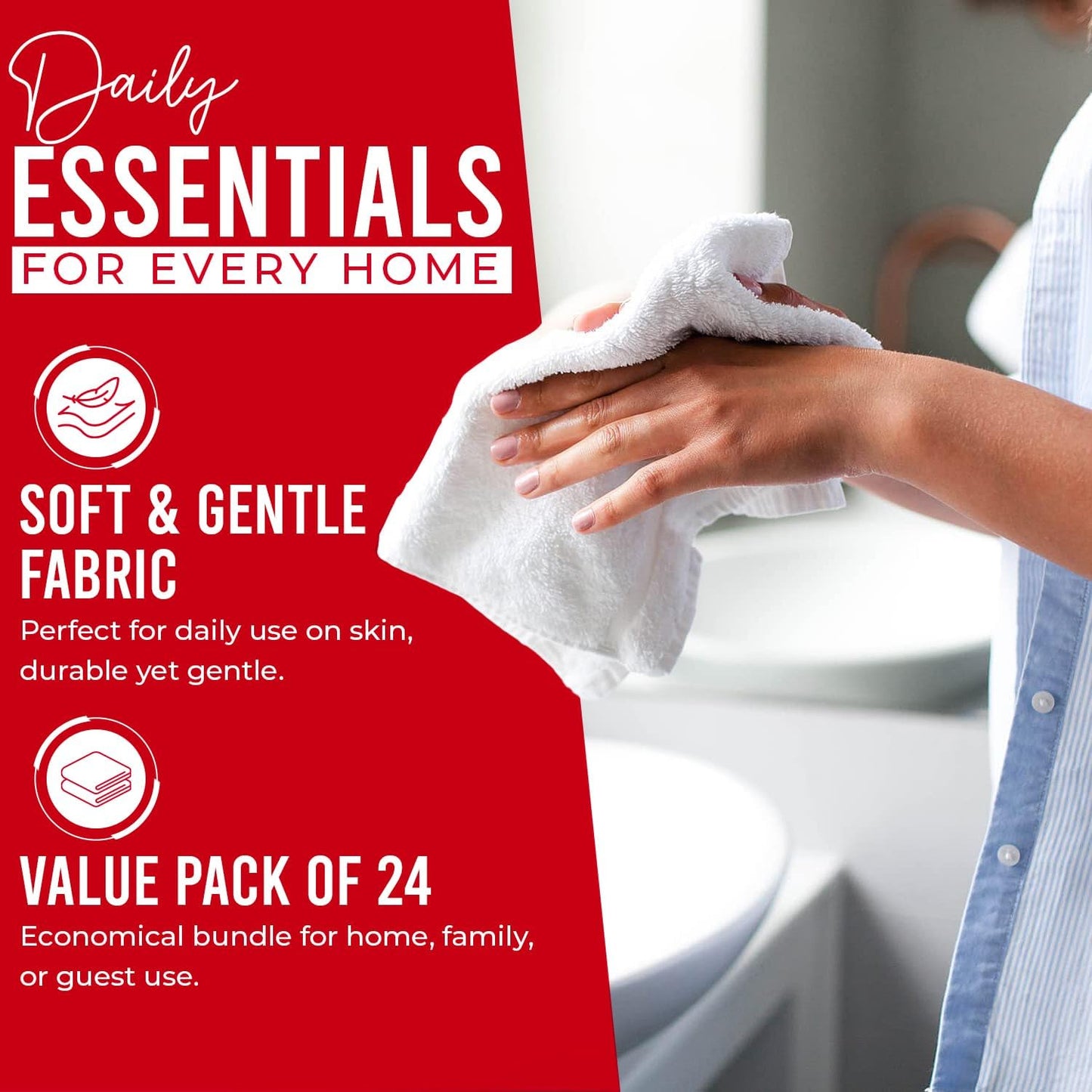 DAN RIVER 100% Cotton Wash Cloths 24 Pack [12x12] Soft & Absorbent Bath wash Cloths, Gym, Hotels & Spa Perfect for Everyday Use Fingertip Towels, Red