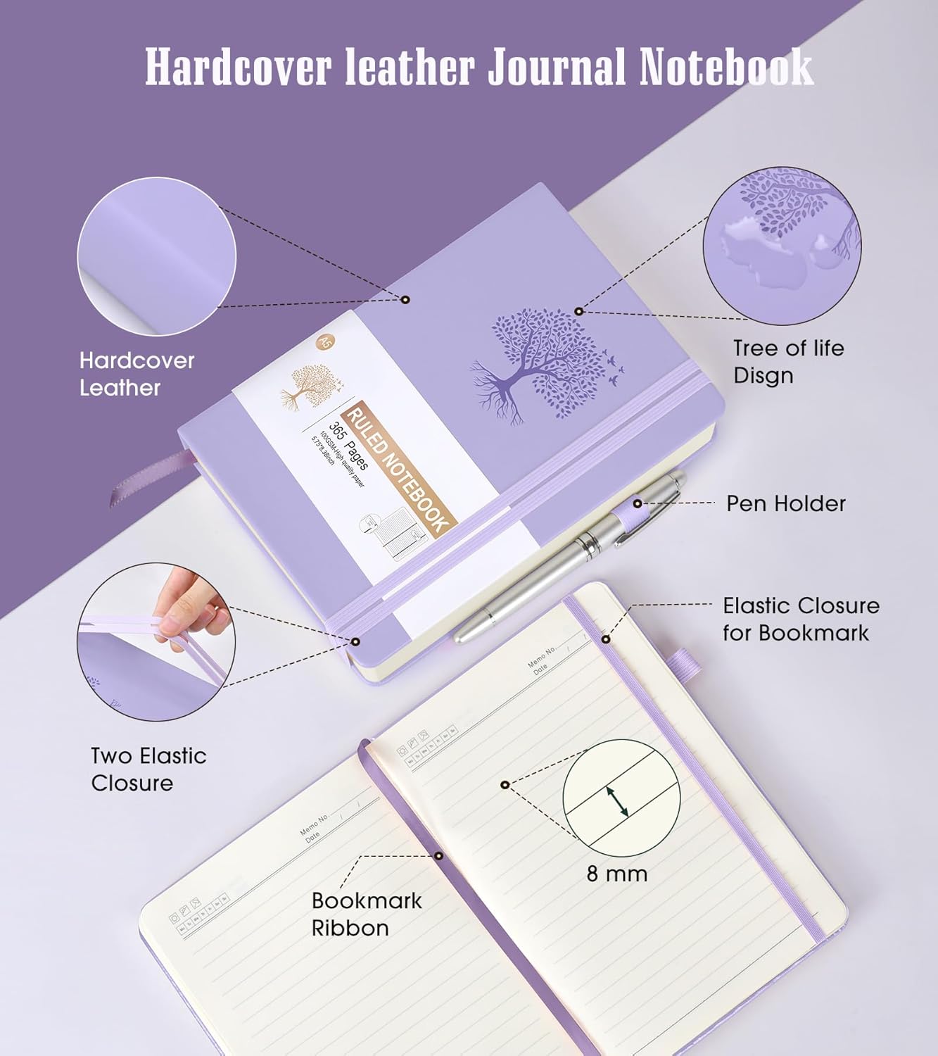 Lined Journal Notebook -365 Pages A5 Thick Journals for Writing Ruled Notebook, Pink Hardcover Leather Journals for Women Men, Daily Journal Notebook for Work, Note Taking ( 5.75'' X 8.38'' Purple)