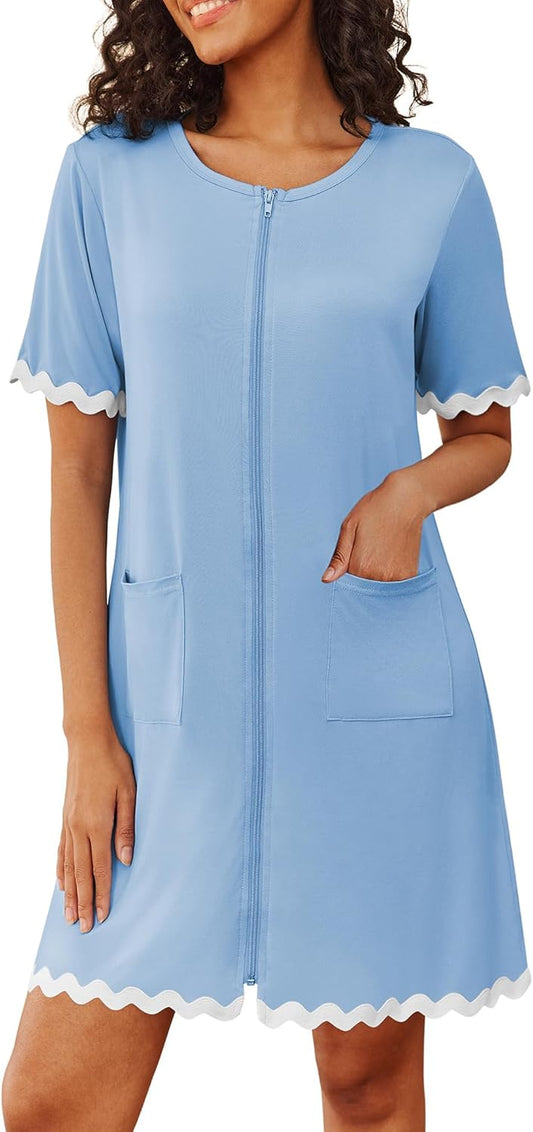 Ekouaer Women Zip Up Robe Lightweight Housecoats with Pockets Knee Length Short Bathrobes Soft Nightgown S-3XL