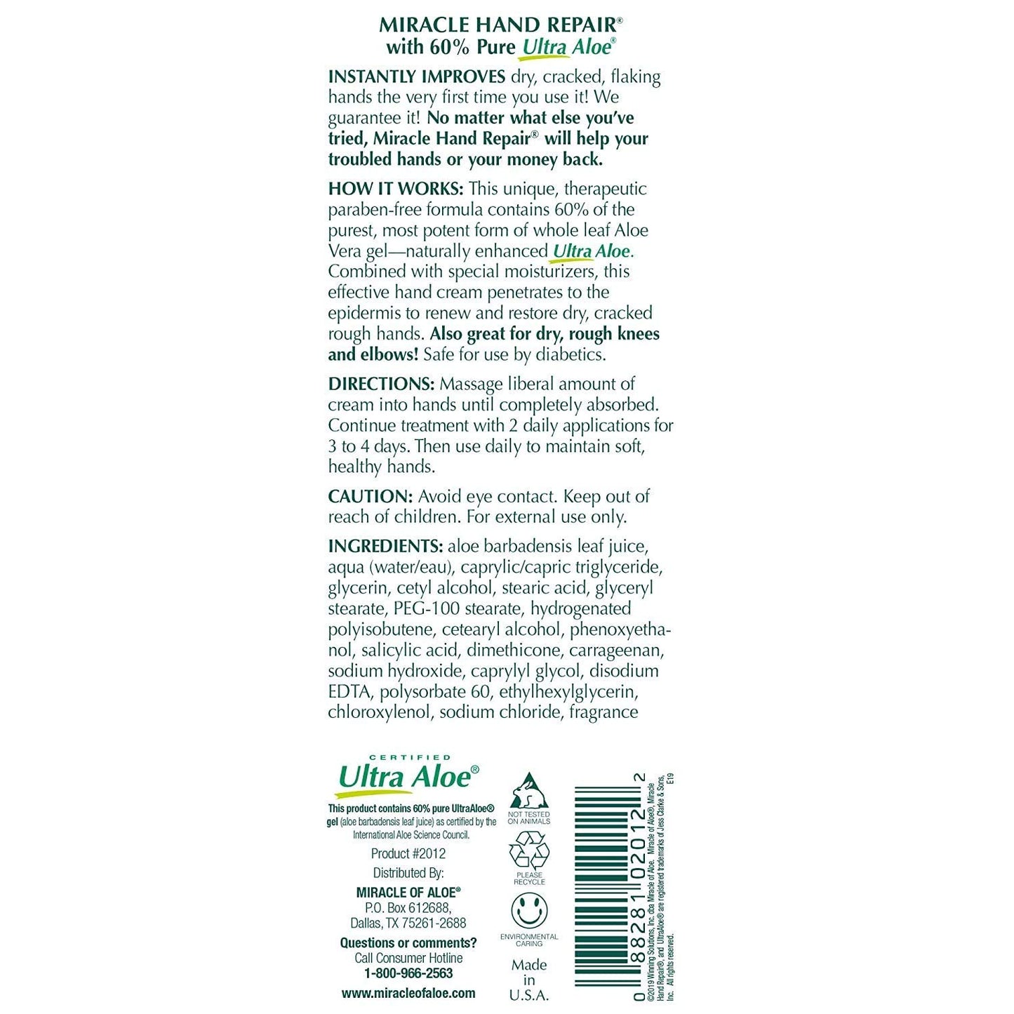 Miracle Hand Repair Cream for Dry Cracked Hands 8 oz Best Healing Hand Cream with 60% Aloe Vera - Non-Greasy Moisturizer for Working Hands - Fast Absorbing Lotion for Extremely Dry Skin (4-Pack)