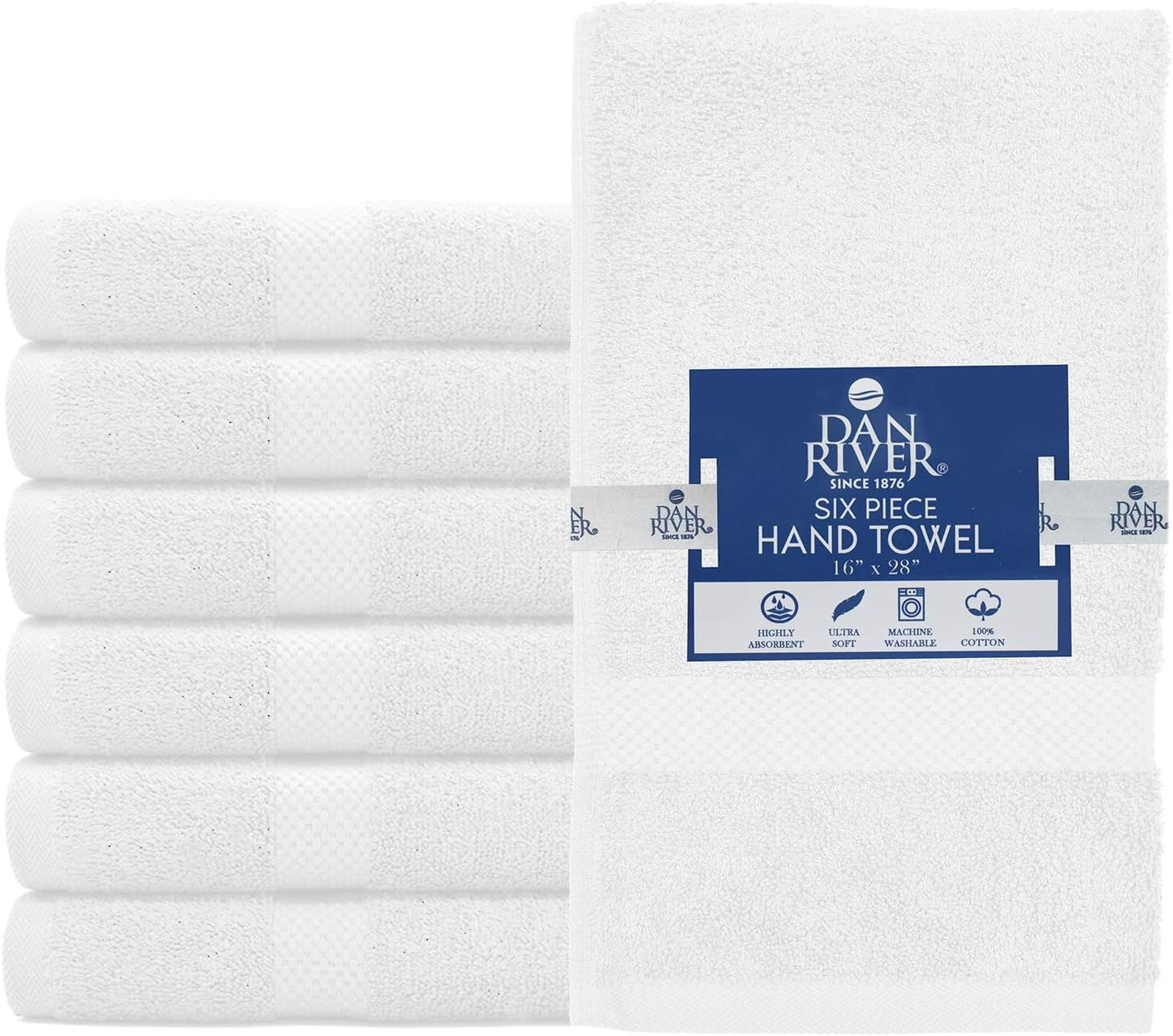 DAN RIVER 6-Pack Premium Hand Towels (16x28 Inches) - 100% Cotton, Ultra Soft, Lightweight, Highly Absorbent Towels for Bathroom, Spa, Gym, Salon, Hotel, and Travel - 550 GSM – White