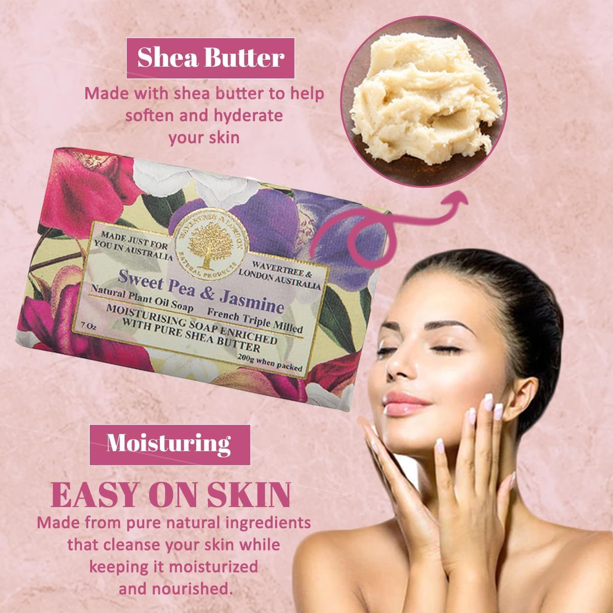 Wavertree & London Sweet Pea & Jasmine Scented Natural Soap Bar, 7oz Moisturizing French Triple Milled Soap Bar for Women & Men enriched with shea butter - Pure Bath & Body soap bar for All Skin Types