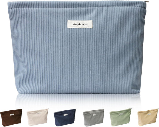 Wudygirl Makeup Bag Portable Cosmetic Bag Travel Makeup Pouch for Women and Girls Large Capacity Corduroy Travel Toiletry Bag (Light Blue)