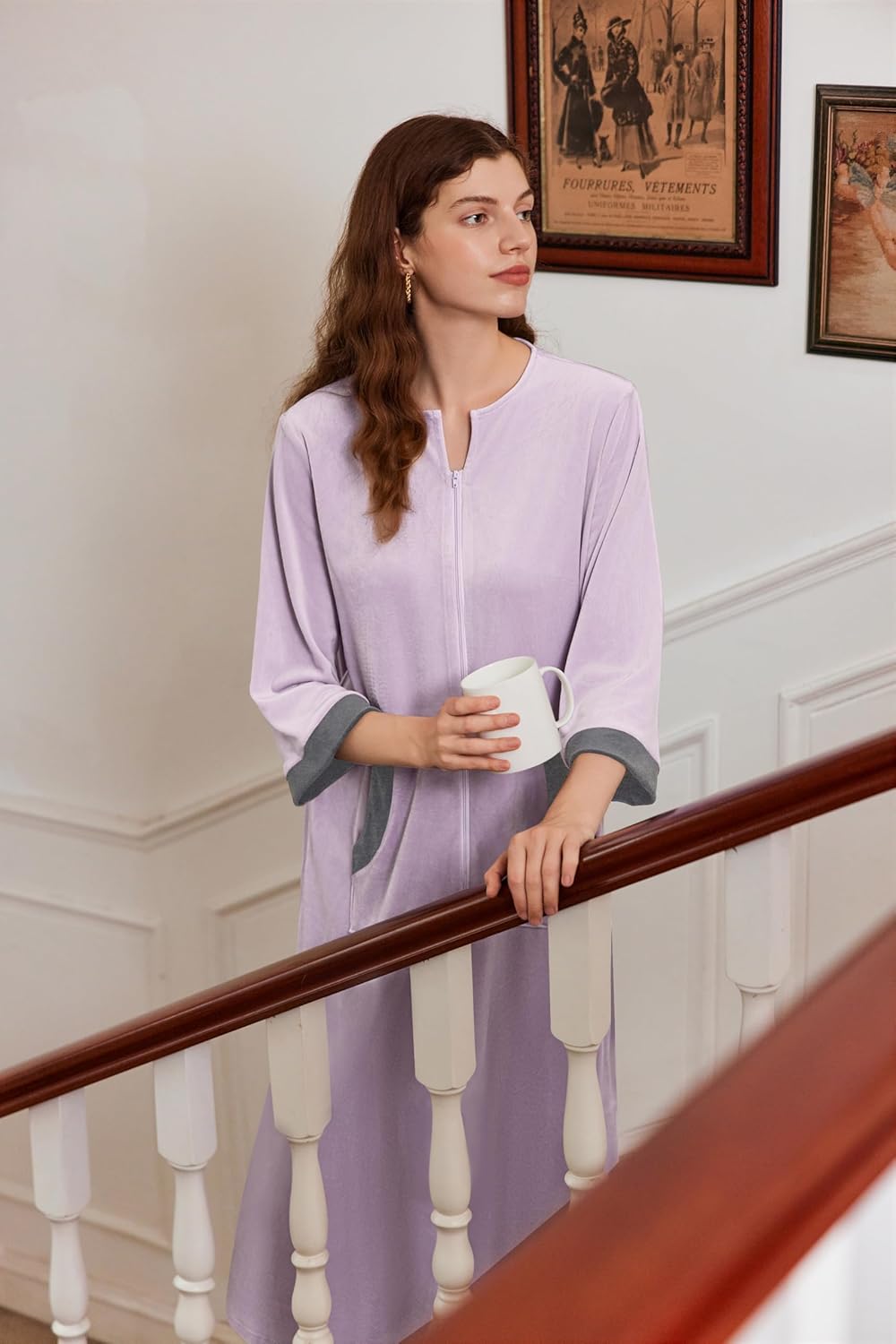 Ekouaer Women Zipper Robe 3/4 Sleeves Loungewear Dress Full Length Sleepwear Pockets Housecoat Nightgown Long Bathrobe