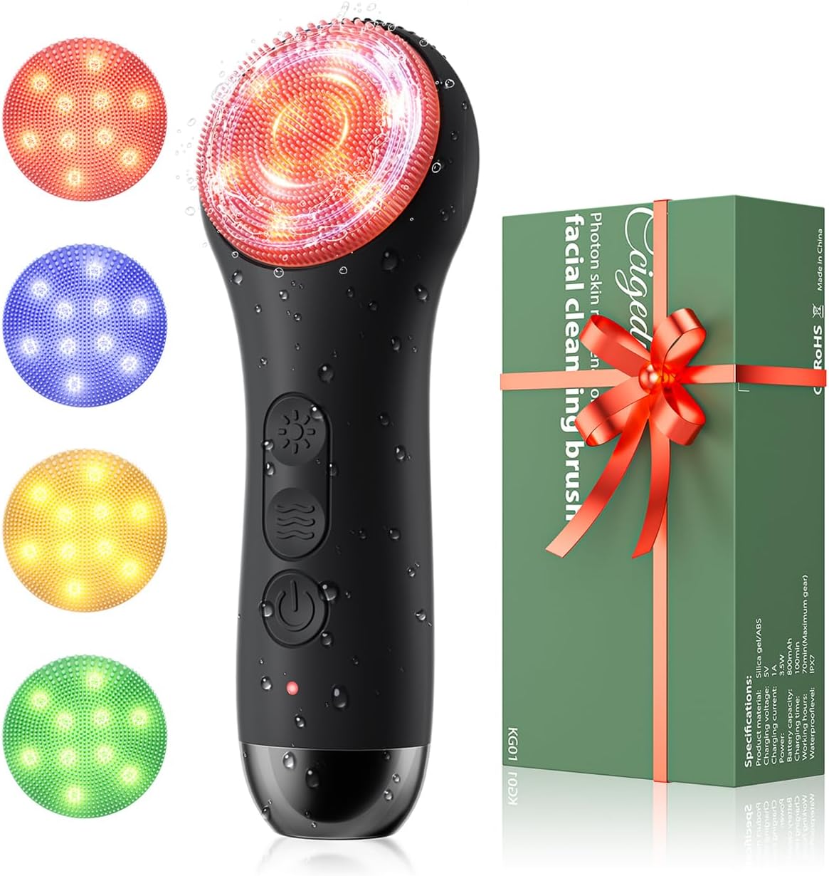 Facial Cleansing Brush Face Scrubber - Rechargeable Electric Face Cleansing Brush with 4 LED Gentle Light Liquid Silicone Modes Exfoliator,IPX7 Waterproof Ideal Gift for Men and Women-Black