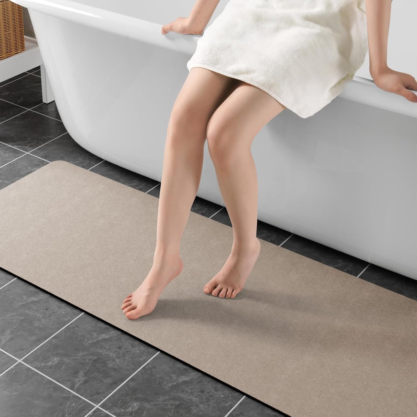 Bathroom Mat Rugs 47x17, Long Diatomaceous Earth Bath Mat Large Quick Dry Bath Mat Non Slip Rubber Backed Super Absorbent Shower Mat, Thin Bathroom Runner Rugs Floor Mat Fit Under Door, Taupe