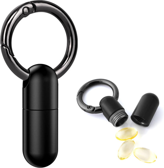 TISKY Small Keychain Pill Holder Titanium,Waterproof Tiny Pill Container with Keyring,Mini Portable Pill Case for Travel,Pill Organizer for Purse Pocket(Black)