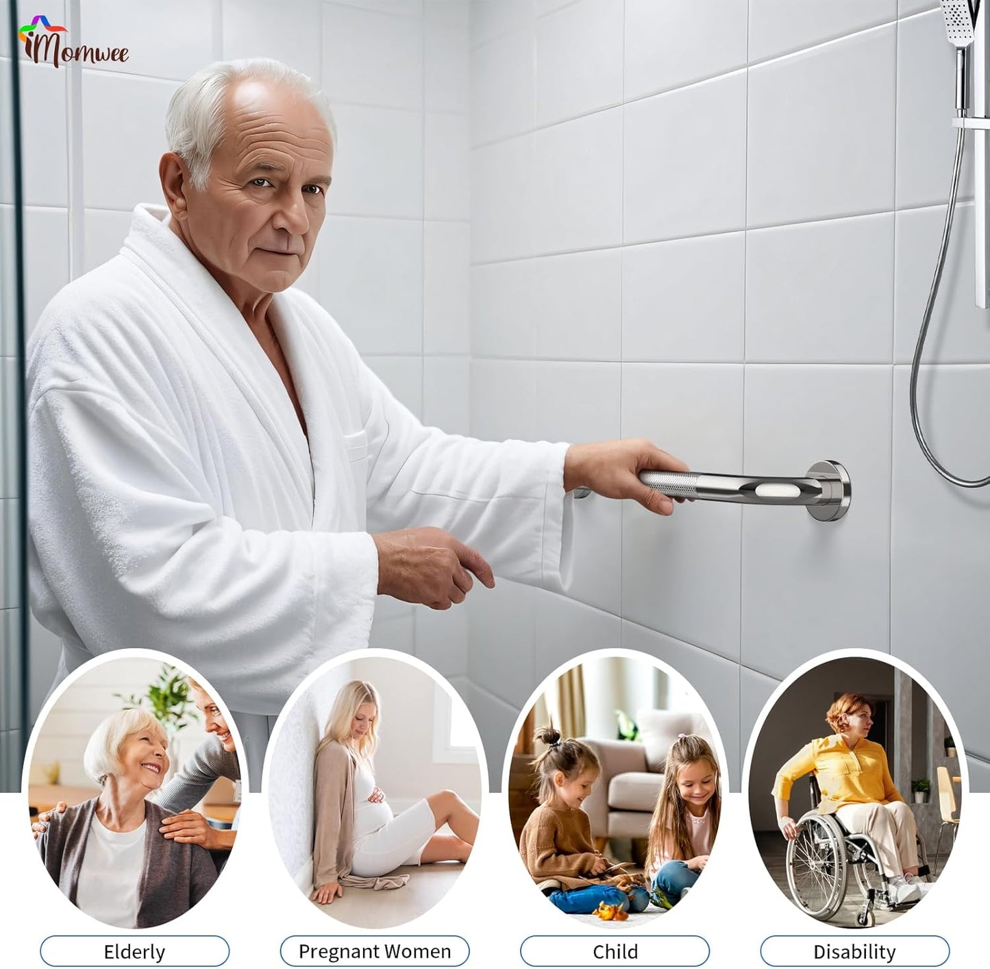 Anti-Slip Chrome Grab Bar 16 Inch, iMomwee 2 Pack Stainless Steel Bathroom Grab Bar w/Knurled Grip, Safety Shower Grab Bar for Wall, Toilet Balanced Support Bar Bathtub Assist Handle for Elderly