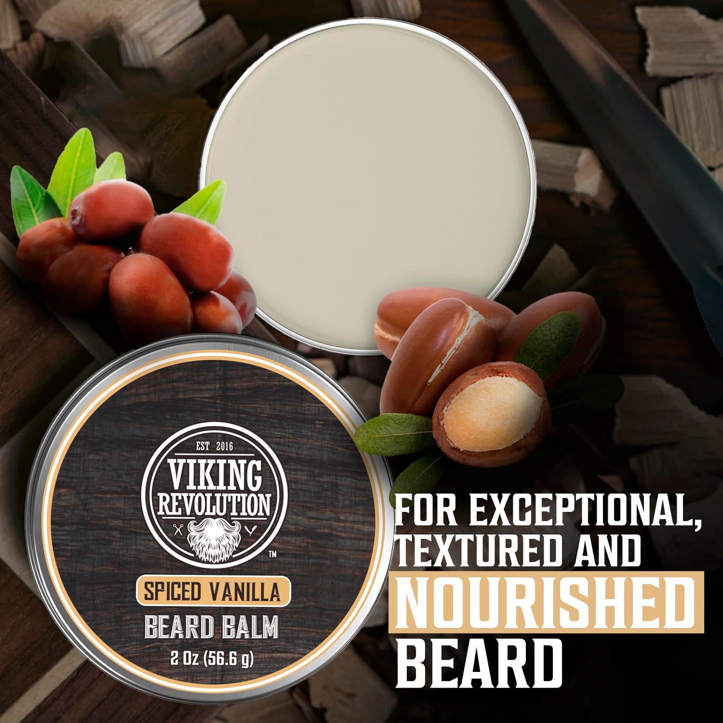 Viking Revolution Spiced Vanilla Beard Balm - Beard Butter with Argan Oil, Beard Softener for Men with Jojoba Oil - Beard Moisturizer for Men with Beeswax - Beard Wax for Men (2oz, 2 Pack)