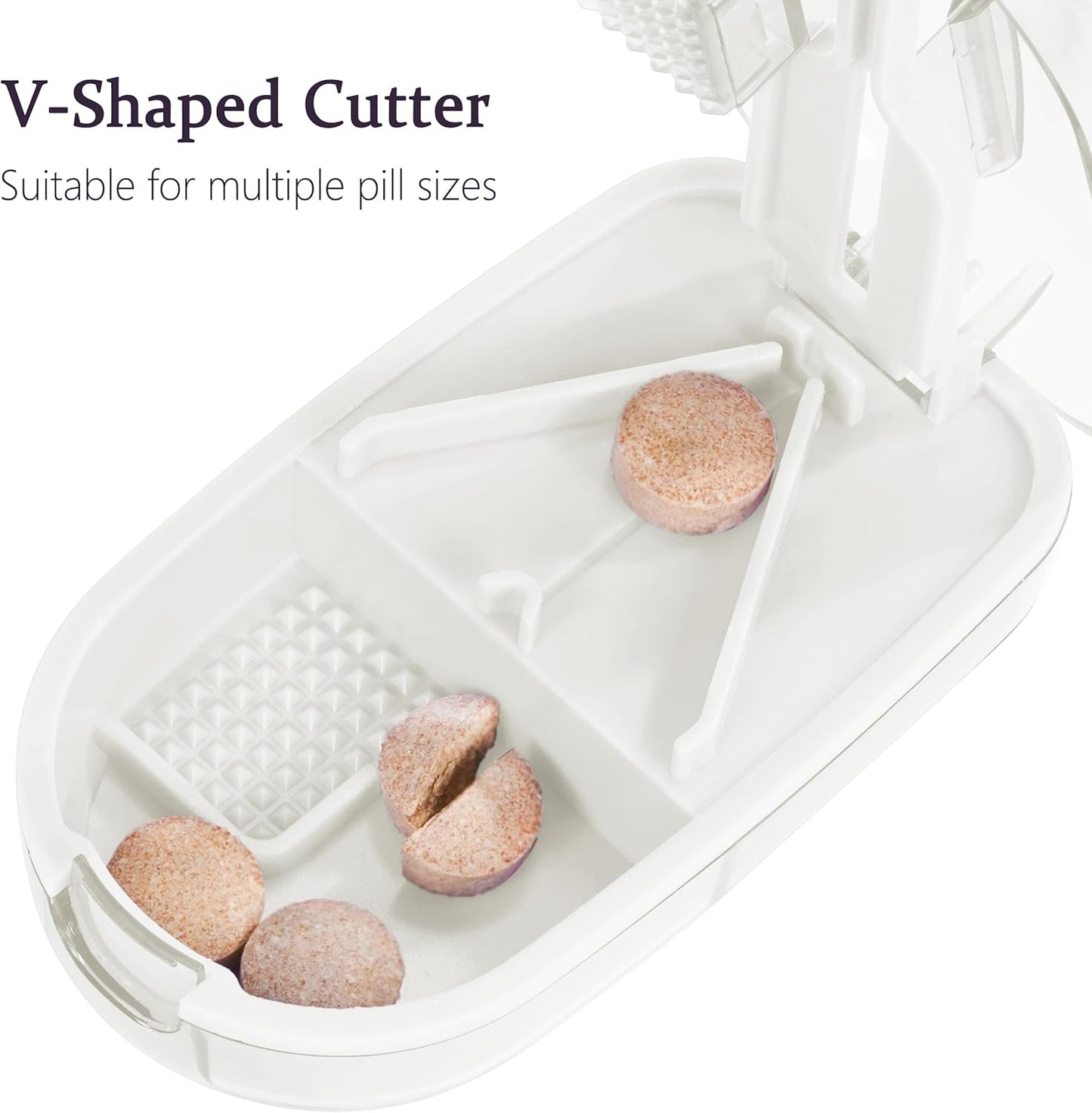 Pill Cutter Splitter for Small and Tiny Pills, or Large Pills. V-Shaped Design for Multiple Sizes. Safety Blade Guard. Loss-Proof Built-in Small Brush & Sliding Door Pill Storage (Clear)
