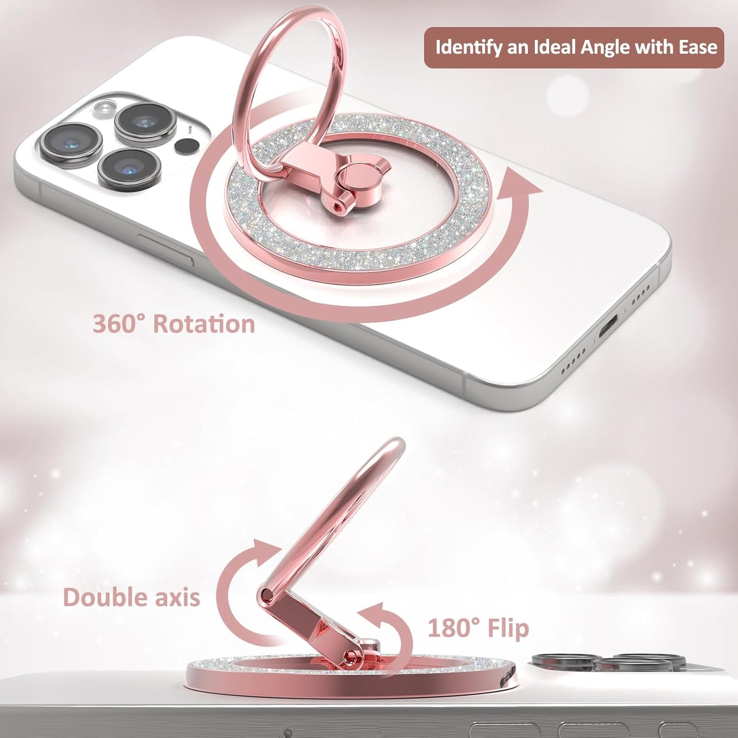 for MagSafe Phone Grip Stand, Magnetic Phone Ring Holder for MagSafe, Magnetic Ring Holder for iPhone. (Glitter Rose Gold)