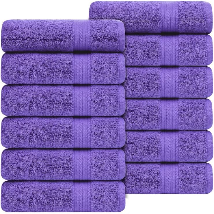 Ample Decor Hand Towel 18 X 28 Inch Pack of 12 600 GSM 100% Cotton, Oeko Tex Certified Soft Absorbent Thick Durable Premium Quality, for Hotel, Bathroom, Spa, Gym - Machine Washable - Purple