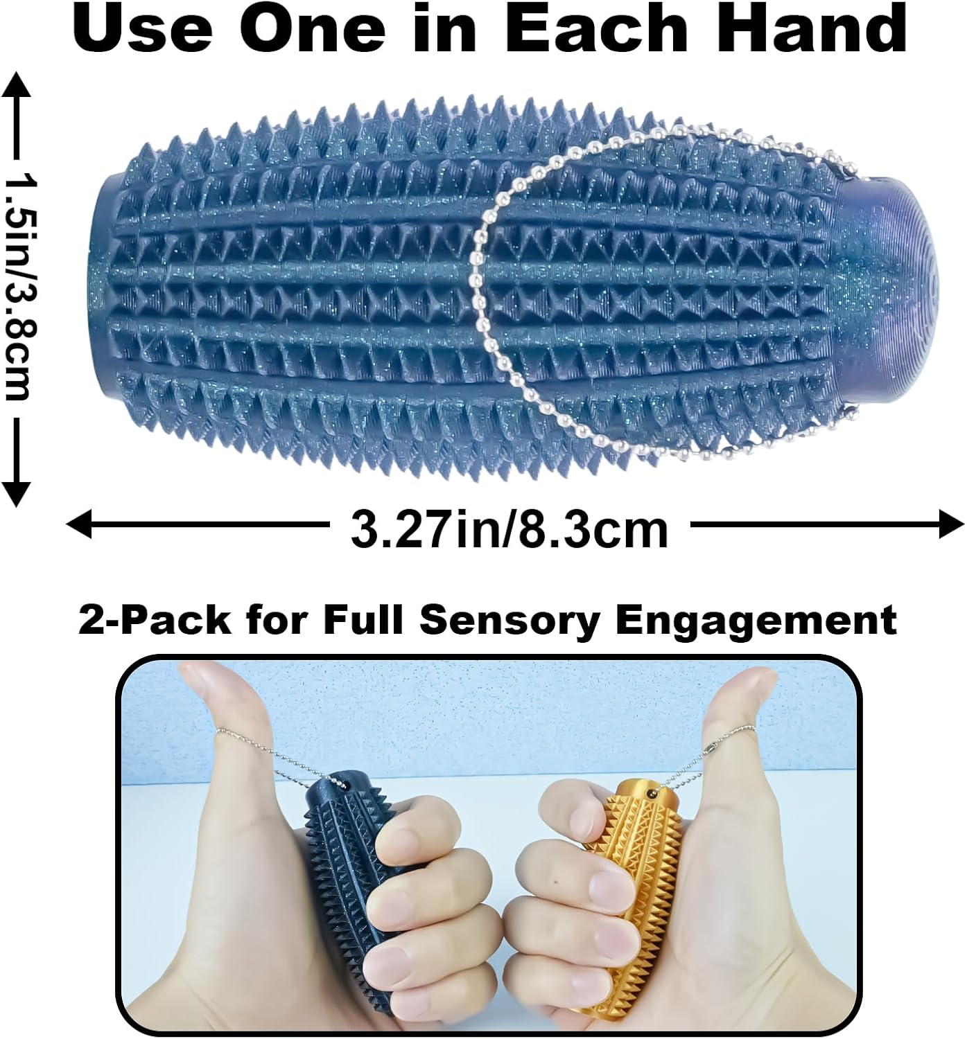 2 Pack Pain Stim Fidget Roller for Adults and Teens Spiky Sensory Hand Toy for Stress and Anxiety Relief, 3D Printed Discreet Keychain Fidget for Focus and Tactile Engagement(Black+Gold)