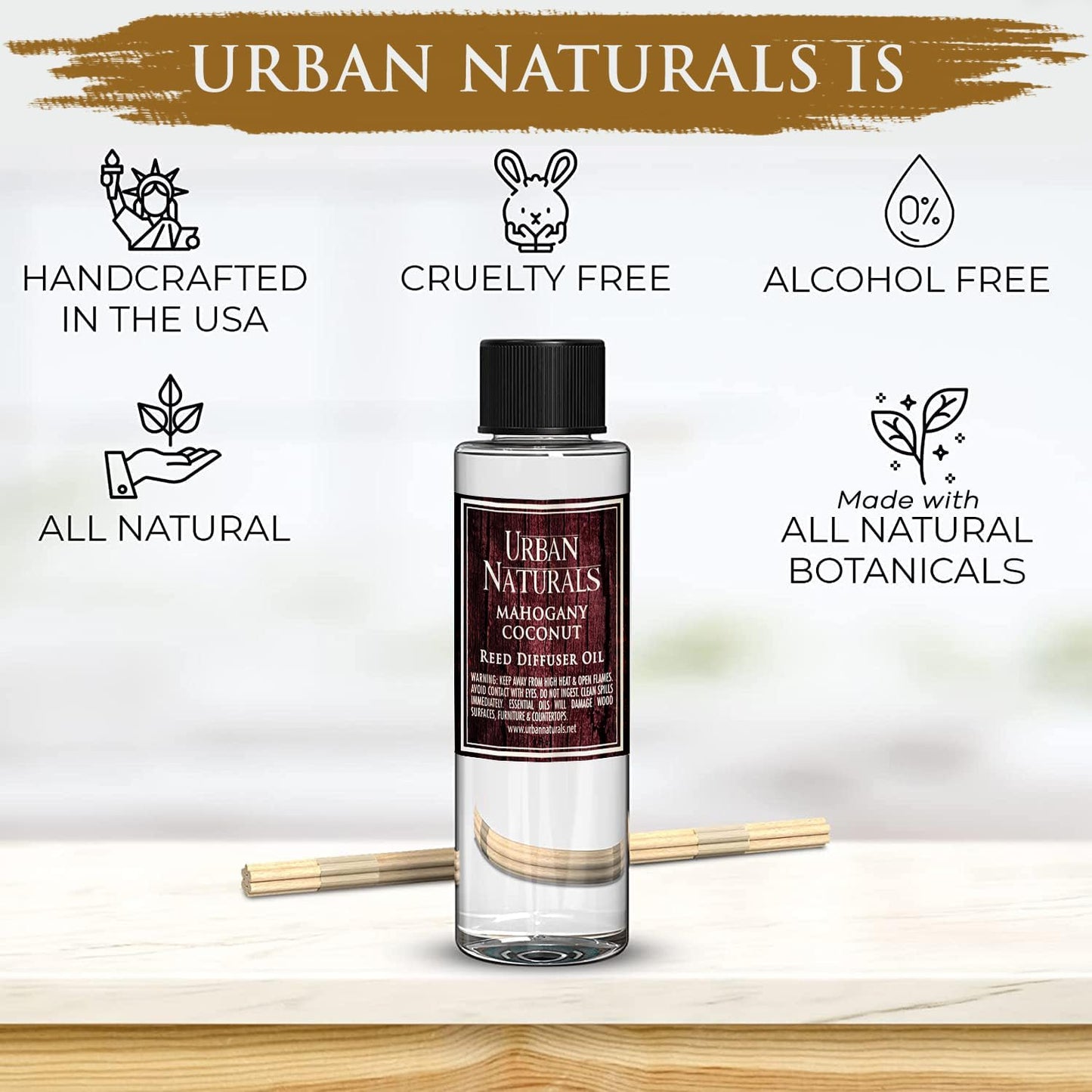 Urban Naturals Reed Diffuser Oil Refill, Mahogany Coconut Diffuser Oils with Sandalwood, Coconut, Oakmoss, 4 oz + Free Reed Sticks, Made in The USA