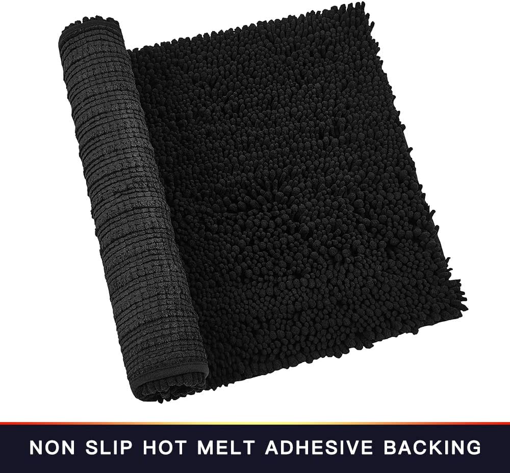 Walensee Bathroom Rug Non Slip Bath Mat (32x20 Inch Black) Water Absorbent Super Soft Shaggy Chenille Machine Washable Dry Extra Thick Perfect Absorbant Best Large Plush Carpet for Shower Floor