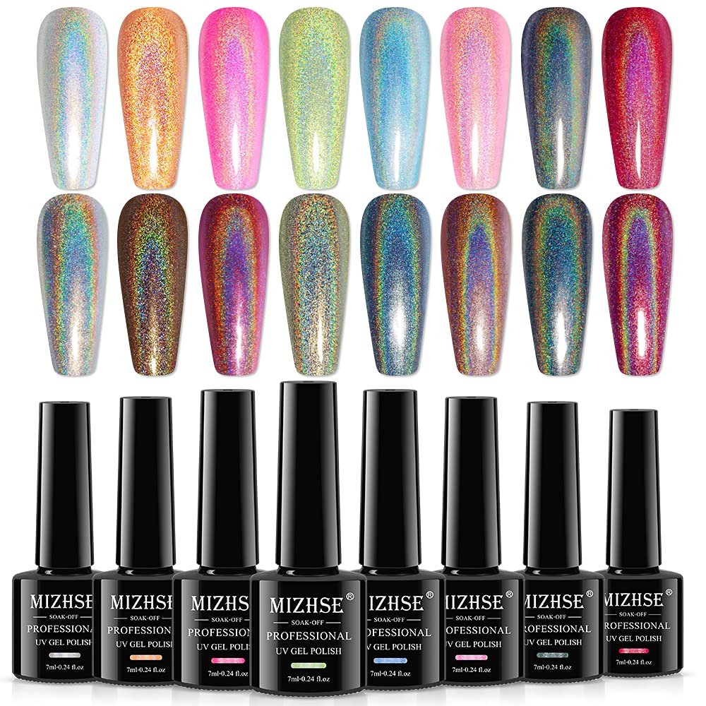 MIZHSE 8 Colors Holographic Gel Nail Polish, Laser Iridescent Gel Polish Set, Chrome Rainbow Shimmer Glitter Nail Gel, Sparkly Shiny Gel Polish Silver Pink Nail Art Salon at Home Women Gift