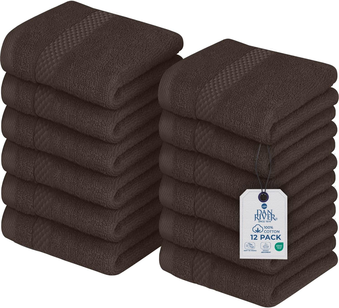 DAN RIVER 12-Pack Premium 100% Cotton Brown Face Towels – Reusable Face Towel Set, Soft & Absorbent Bath washcloths for Bathroom & Body – Hand and Face Towels, 550 GSM (12x12 in)