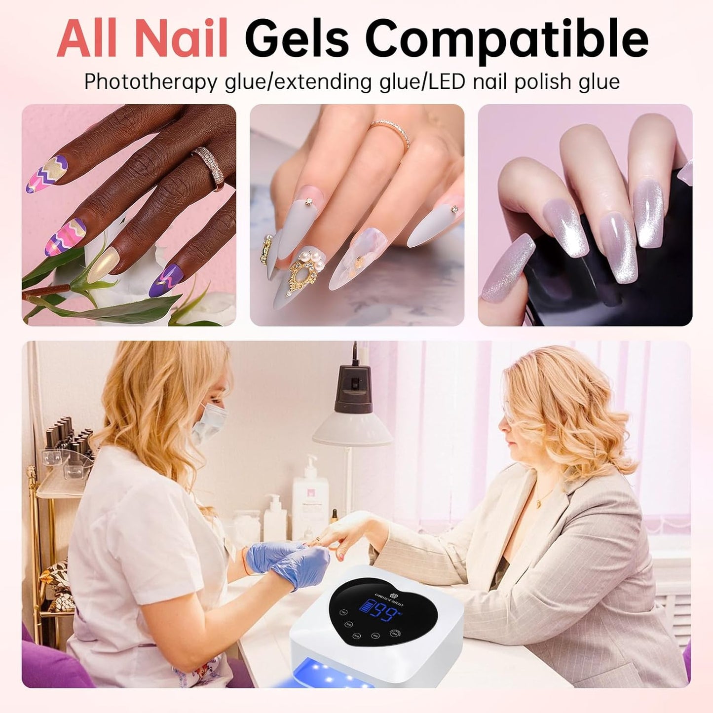 UV Light for Gel Nails, 72W Rechargeable Wireless Nail Lamp Gel Polish Light with 5 Timer Setting Professional Quick Dry Curing Lamp with Display Auto Sensor for Salon & Home, White