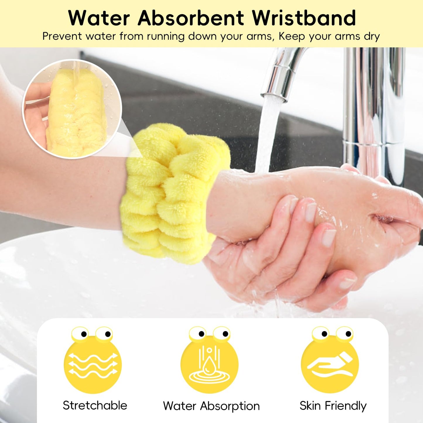 Face Wash Headband, Skincare Wrist Bands For Washing Face Set Spa Hair Bands come with a Hair Scrunchie, Cute Yellow snail tentacle Elastic Headband, For Face Washing Makeup Skincare (Yellow)