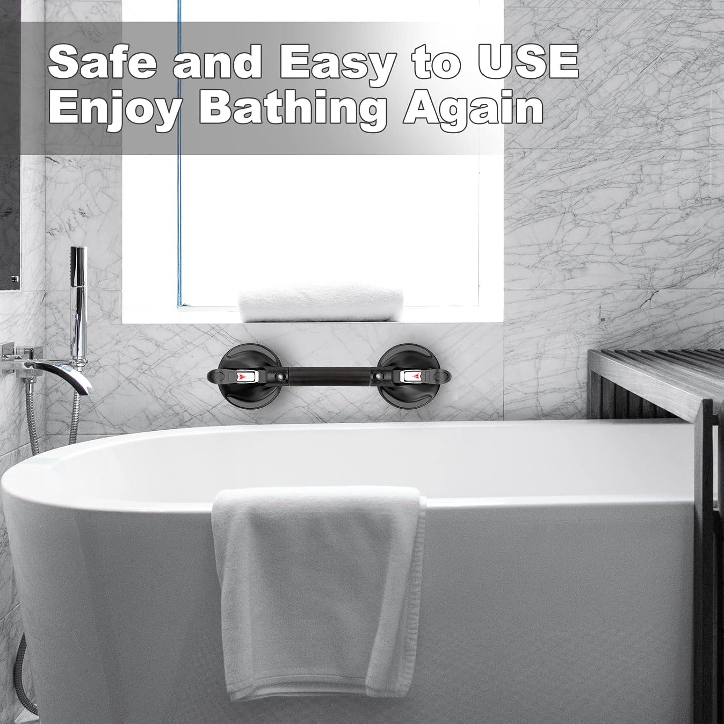 15-Inch Shower Handle - Upgraded Grab Bar with Strong Suction Cups for Bathtub & Shower Safety, Ideal for Seniors, Elderly, Disabled - Black