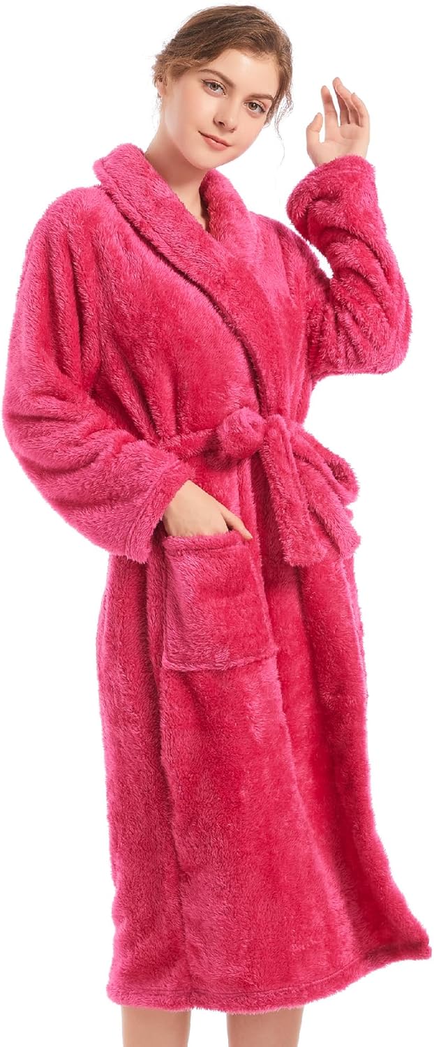 Inner Wish Womens Plush Fleece Robe, Cozy Warm Bathrobe Fuzzy Female Spa Robe With Pockets