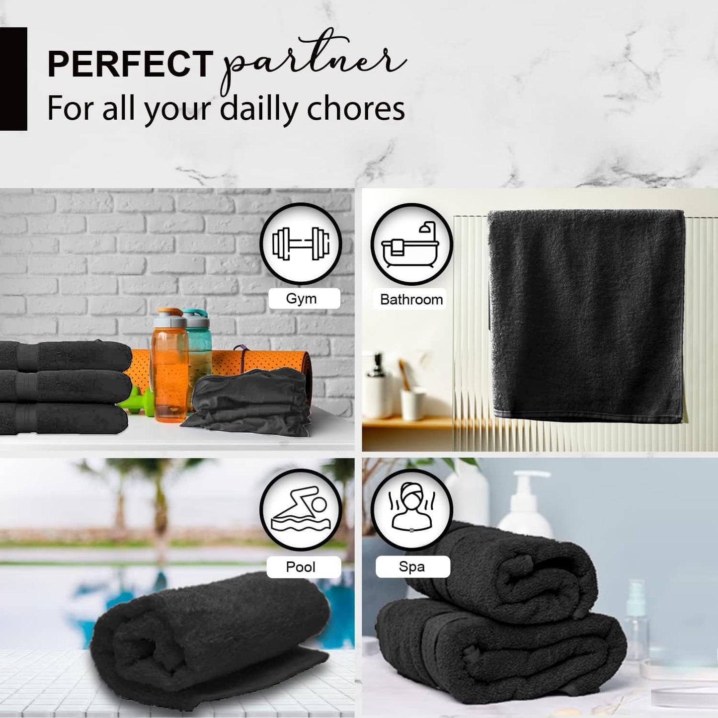 100% Cotton Bath Towels, 24x48 Pack of 6 Towels, Quick Dry, Highly Absorbent, Soft Feel Towel, Gym, Spa, Bathroom, Shower, Pool, Luxury Soft Towels (Black, 24x48-6 Pack)